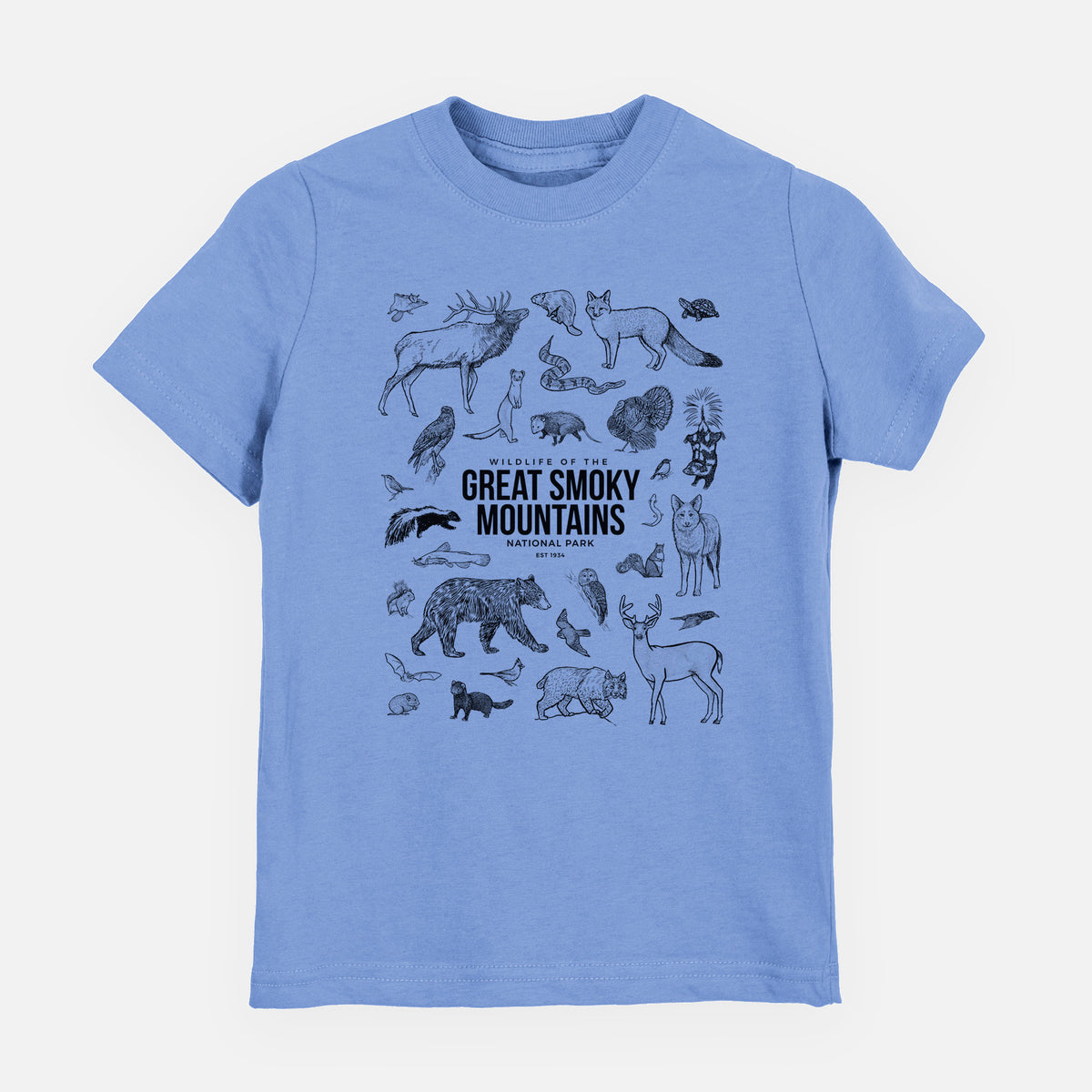 Carolina blue youth t-shirt laid flat, printed with a collection of black ink wildlife illustrations surrounding the words Great Smoky Mountains National Park.