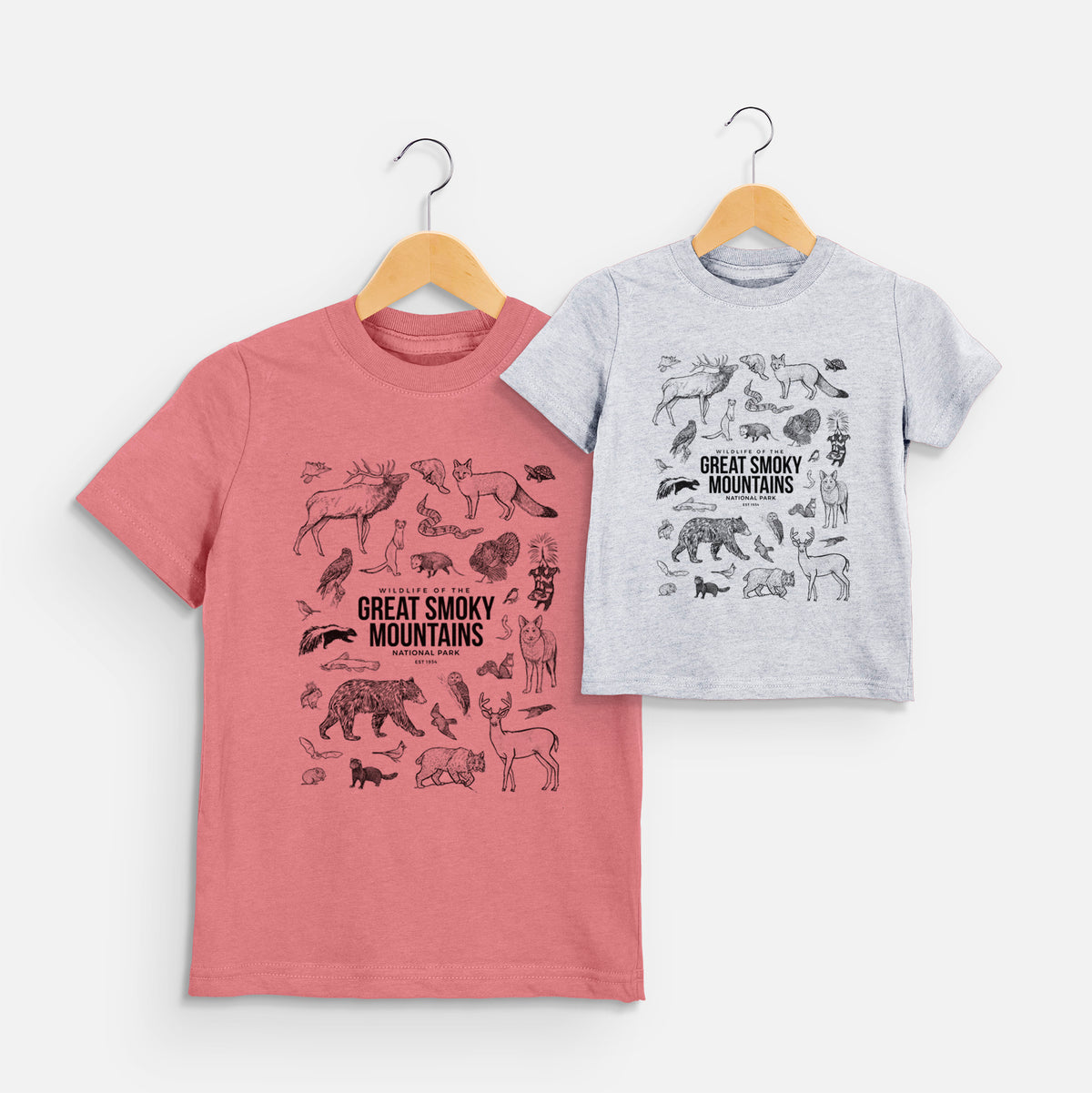 Two youth t-shirts in different colors on hangers, printed with a collection of black ink wildlife illustrations surrounding the words Great Smoky Mountains National Park.