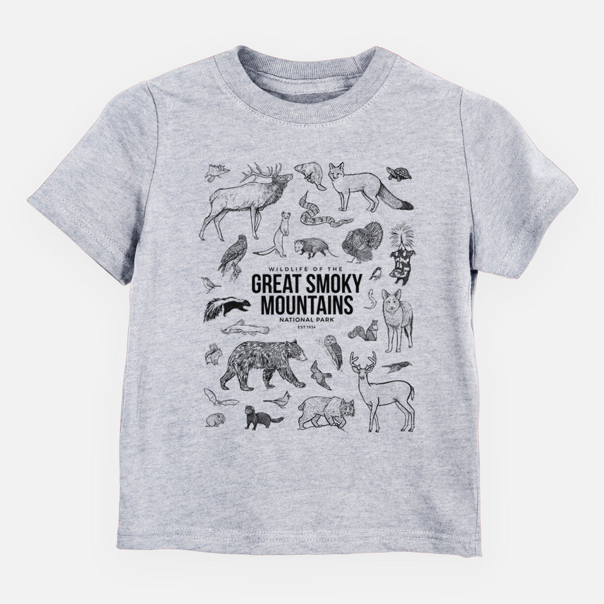 Heather grey toddler t-shirt laid flat, printed with a collection of black ink wildlife illustrations surrounding the words Great Smoky Mountains National Park.
