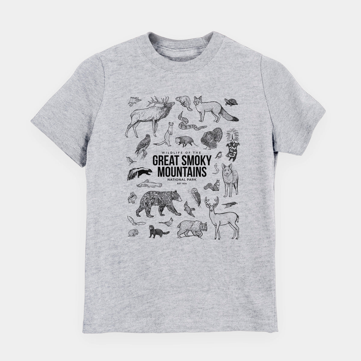 Heather grey youth t-shirt laid flat, printed with a collection of black ink wildlife illustrations surrounding the words Great Smoky Mountains National Park.