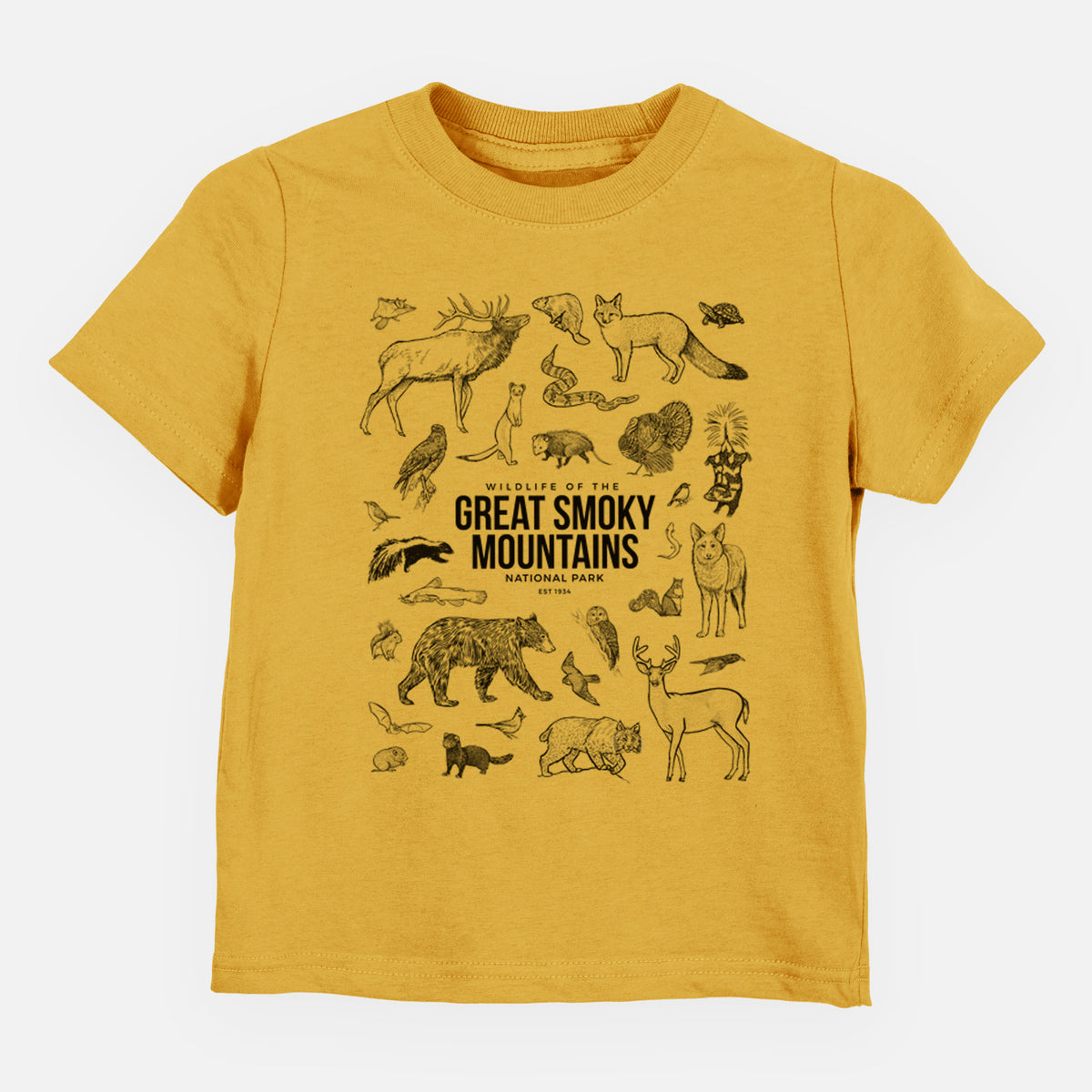 Honeycomb yellow toddler t-shirt laid flat, printed with a collection of black ink wildlife illustrations surrounding the words Great Smoky Mountains National Park.