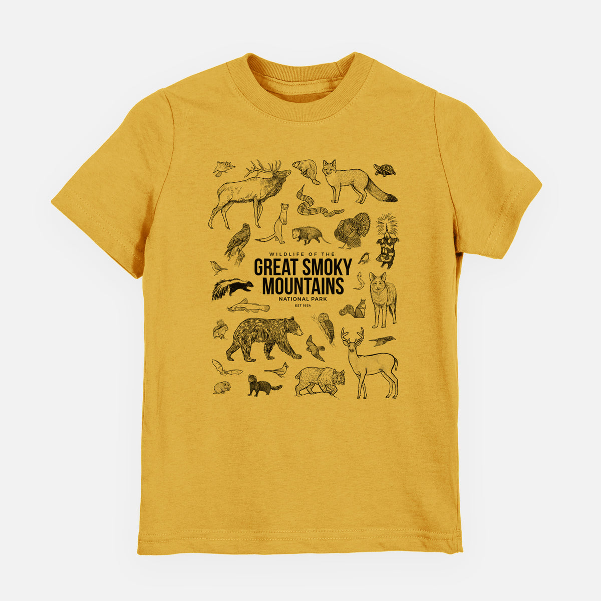 Honeycomb yellow youth t-shirt laid flat, printed with a collection of black ink wildlife illustrations surrounding the words Great Smoky Mountains National Park.