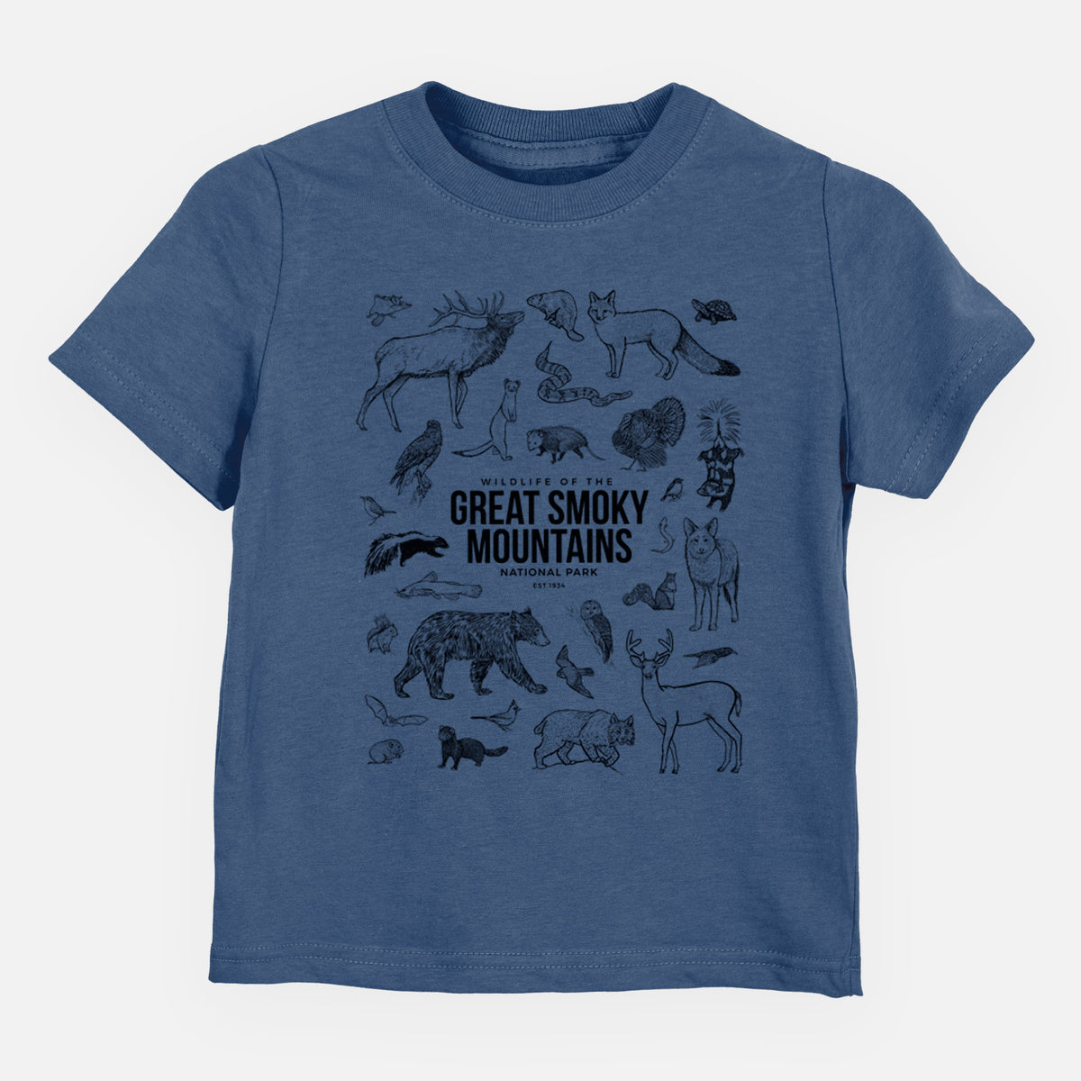 Indigo blue toddler t-shirt laid flat, printed with a collection of black ink wildlife illustrations surrounding the words Great Smoky Mountains National Park.