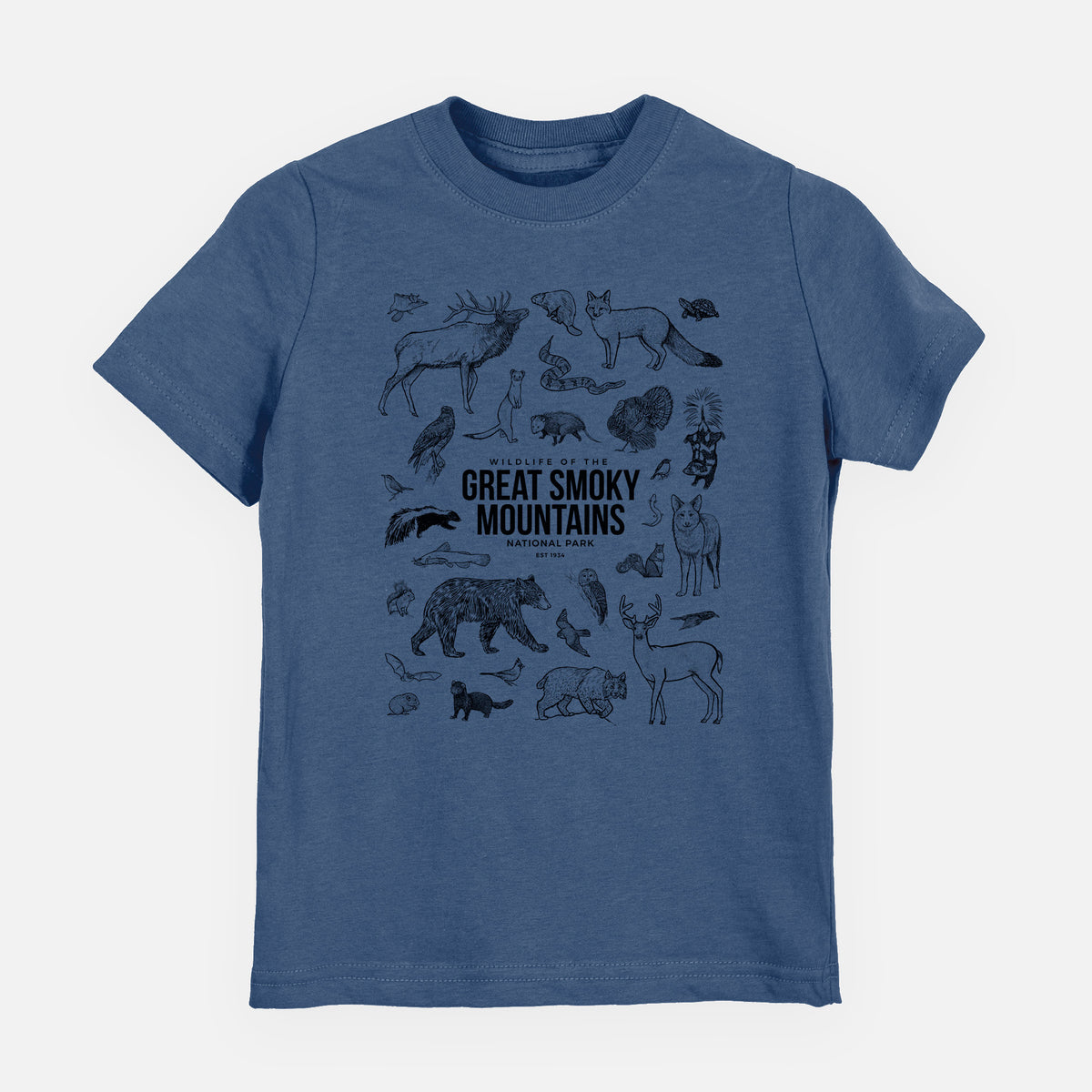 Indigo blue youth t-shirt laid flat, printed with a collection of black ink wildlife illustrations surrounding the words Great Smoky Mountains National Park.