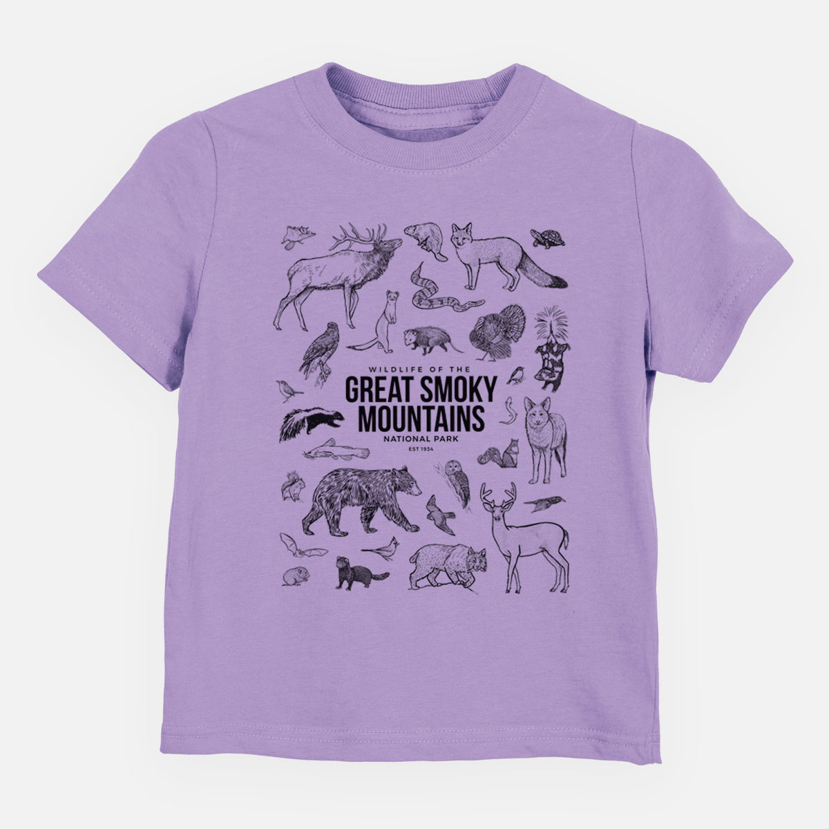 Lavender toddler t-shirt laid flat, printed with a collection of black ink wildlife illustrations surrounding the words Great Smoky Mountains National Park.