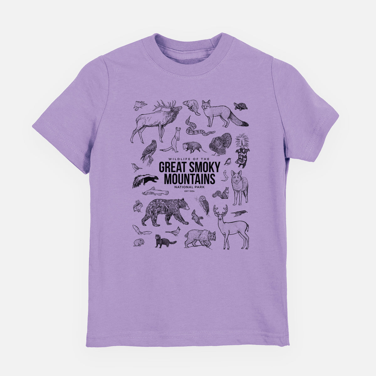 Lavender youth t-shirt laid flat, printed with a collection of black ink wildlife illustrations surrounding the words Great Smoky Mountains National Park.