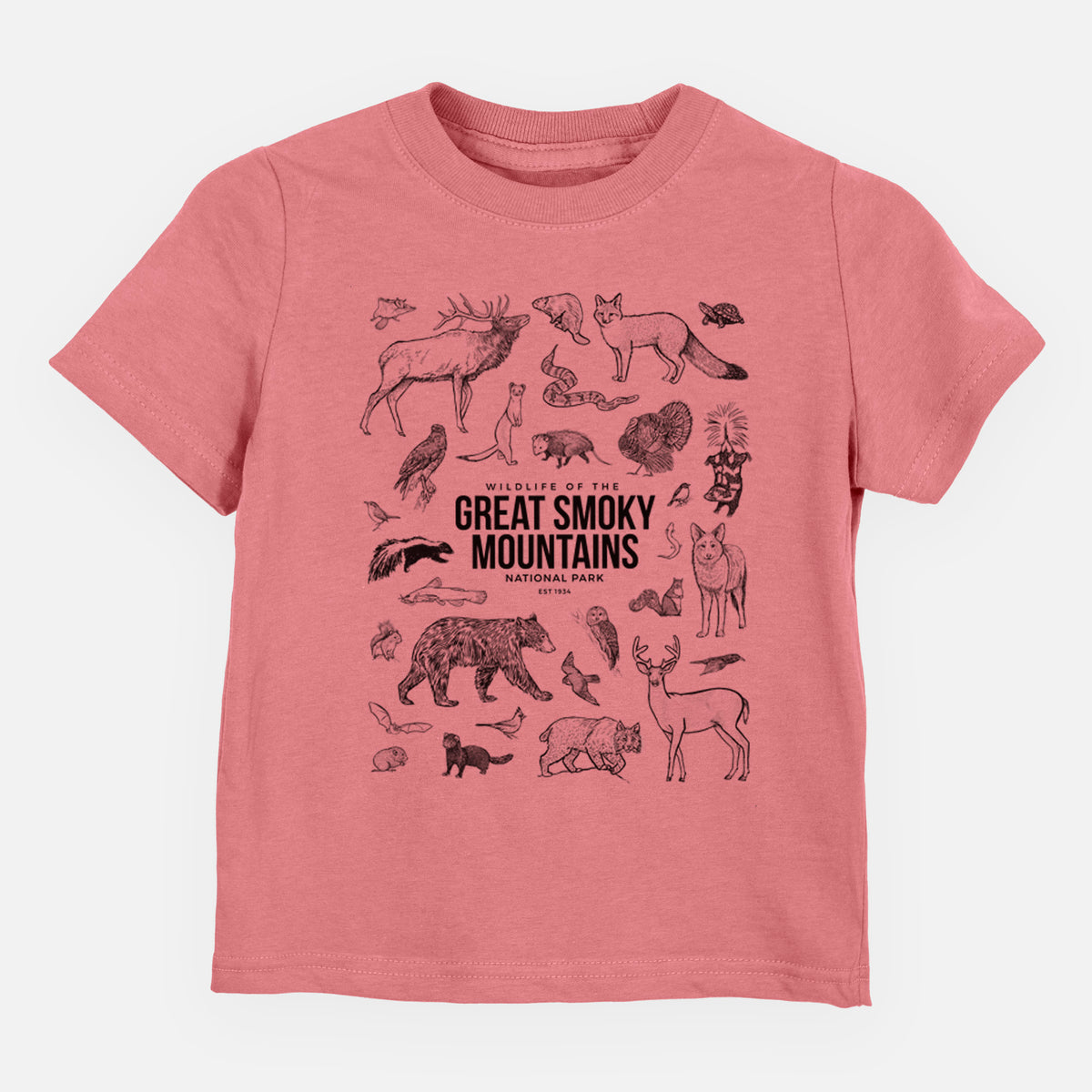Mauve pink toddler t-shirt laid flat, printed with a collection of black ink wildlife illustrations surrounding the words Great Smoky Mountains National Park.