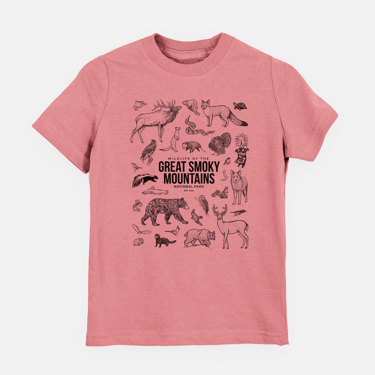 Mauve pink youth t-shirt laid flat, printed with a collection of black ink wildlife illustrations surrounding the words Great Smoky Mountains National Park.