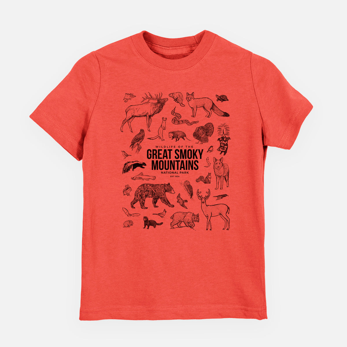 Passionfruit pink youth t-shirt laid flat, printed with a collection of black ink wildlife illustrations surrounding the words Great Smoky Mountains National Park.