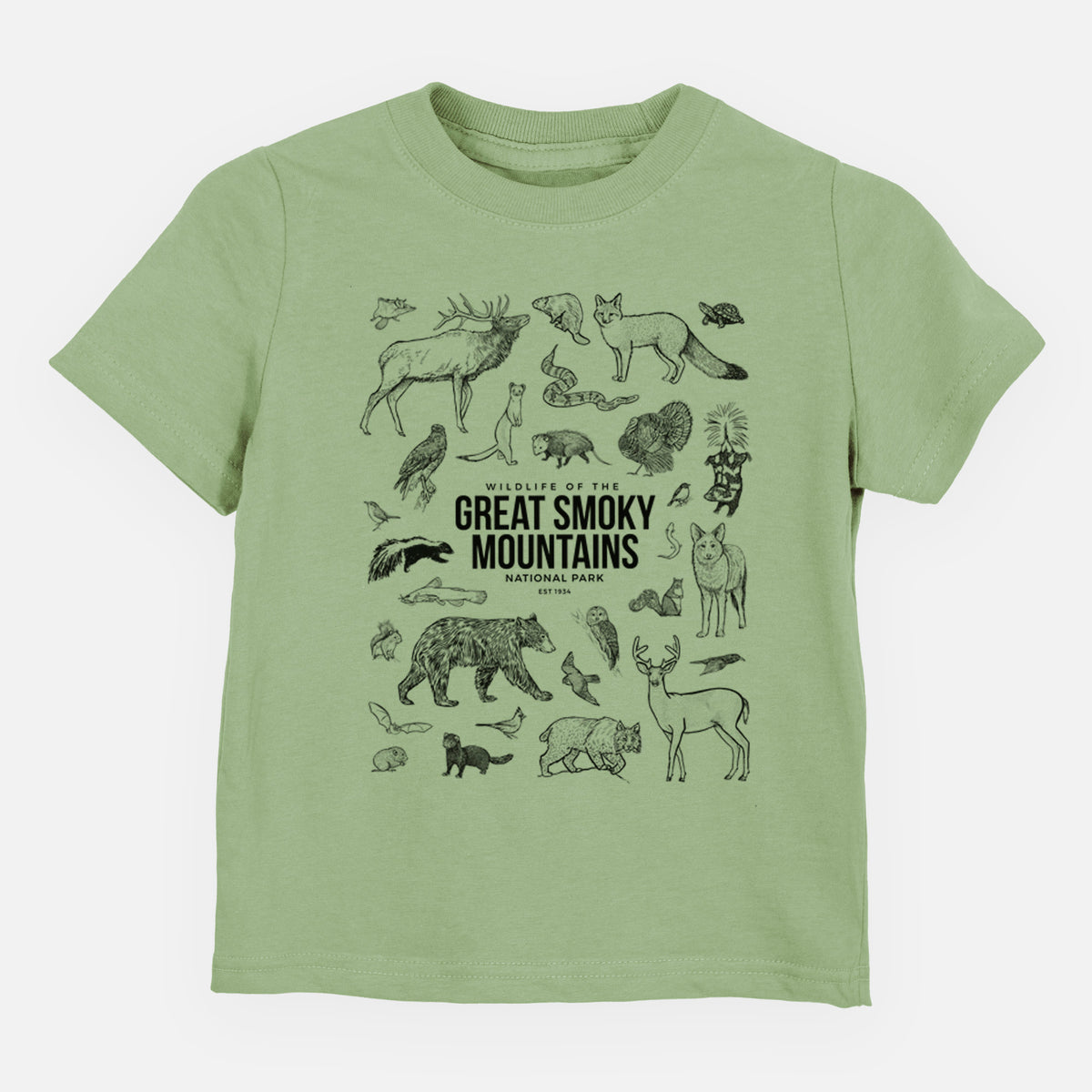 Sage green toddler t-shirt laid flat, printed with a collection of black ink wildlife illustrations surrounding the words Great Smoky Mountains National Park.