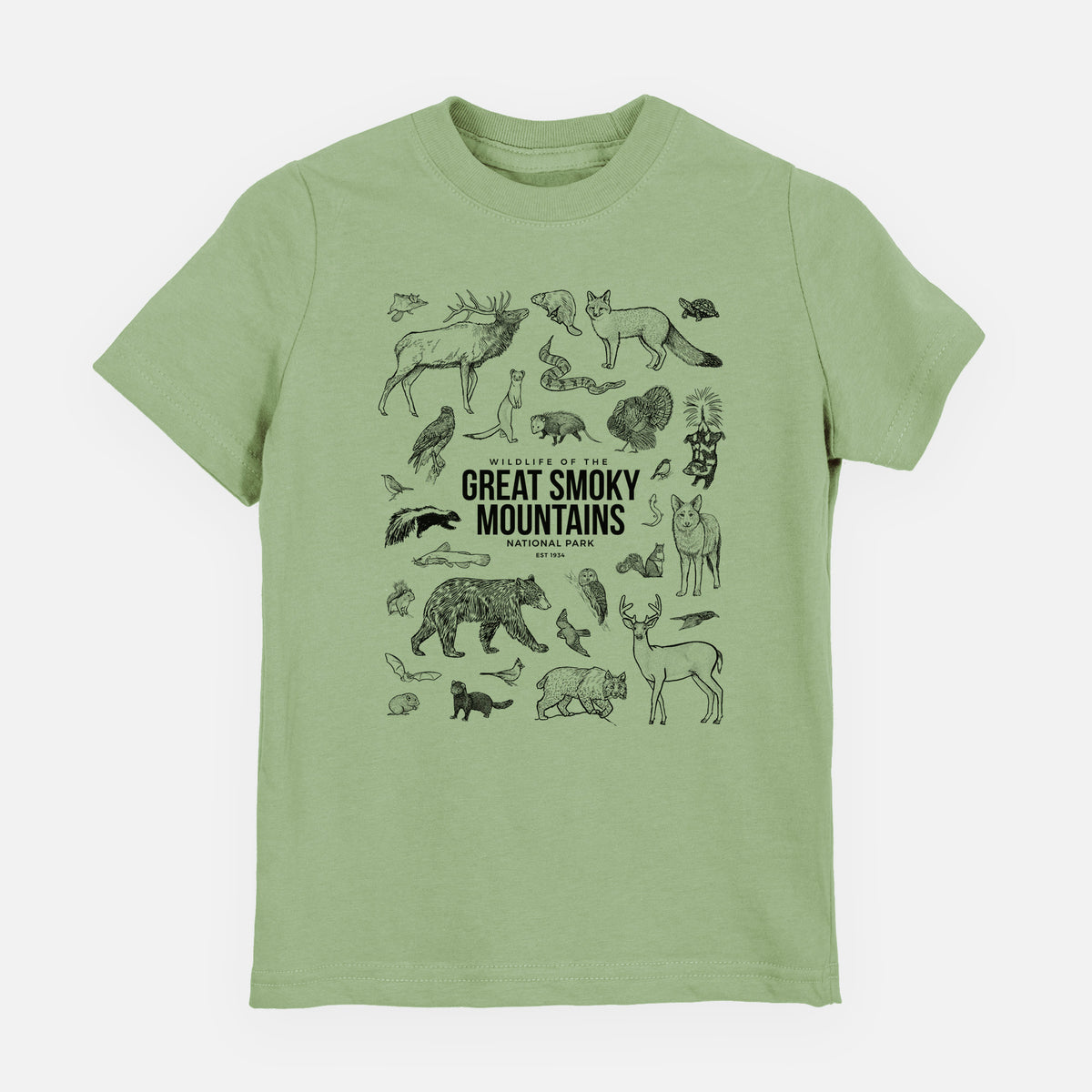 Sage green youth t-shirt laid flat, printed with a collection of black ink wildlife illustrations surrounding the words Great Smoky Mountains National Park.