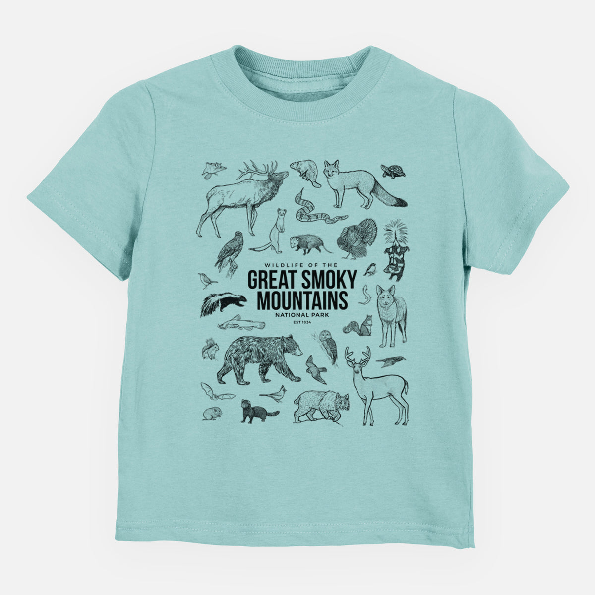 Saltwater toddler t-shirt laid flat, printed with a collection of black ink wildlife illustrations surrounding the words Great Smoky Mountains National Park.