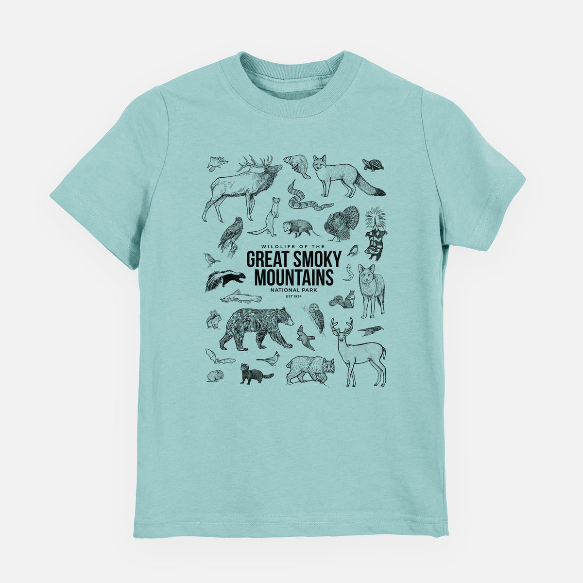Saltwater youth t-shirt laid flat, printed with a collection of black ink wildlife illustrations surrounding the words Great Smoky Mountains National Park.
