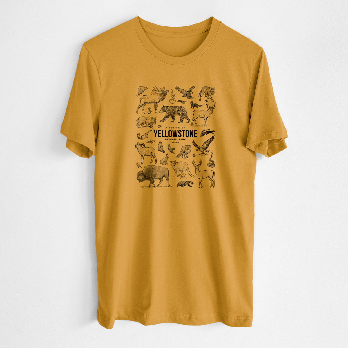 Honeycomb yellow lightweight cotton t-shirt laid flat, printed with a collection of black ink wildlife illustrations surrounding the words Yellowstone National Park.