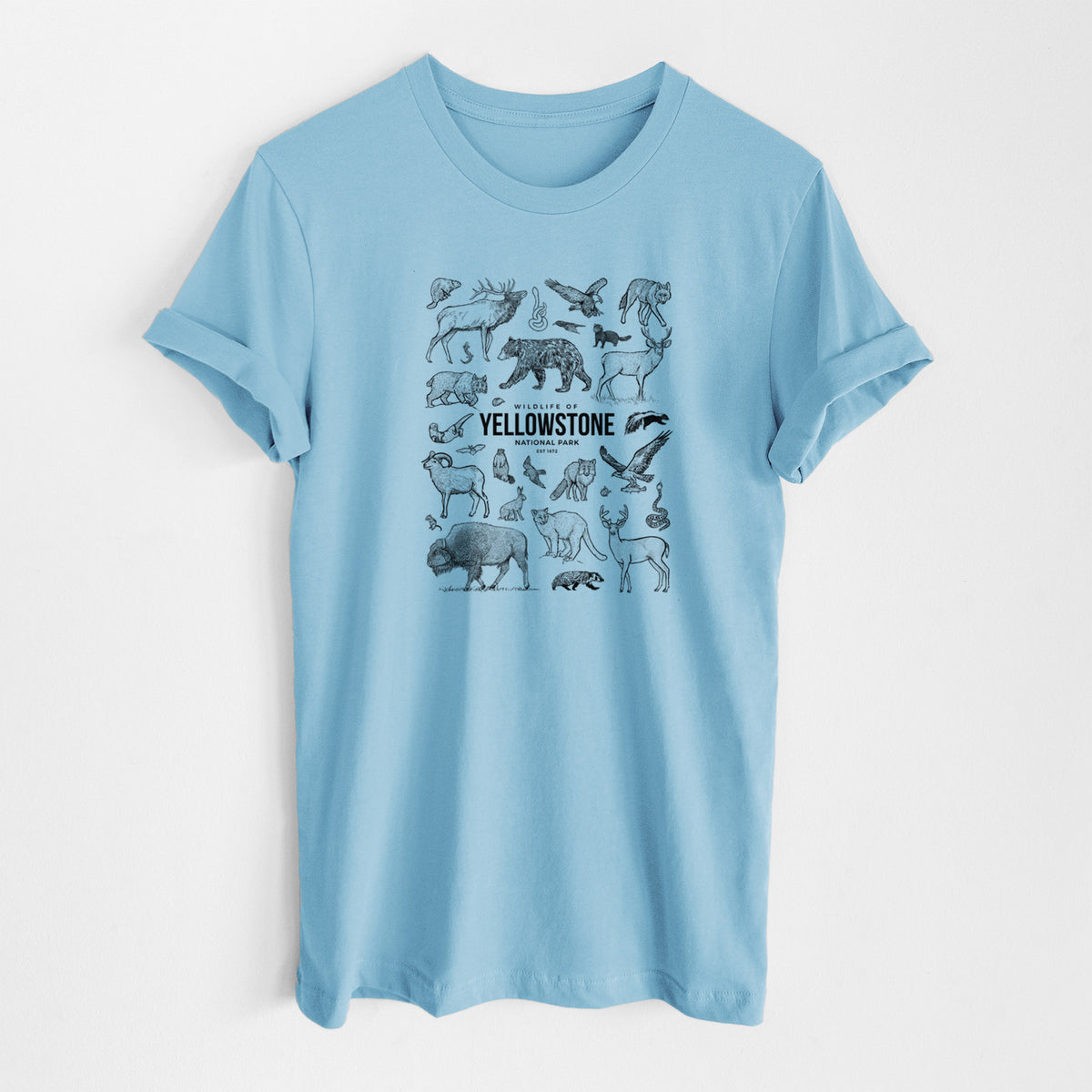 Ocean blue lightweight cotton t-shirt laid flat, printed with a collection of black ink wildlife illustrations surrounding the words Yellowstone National Park.