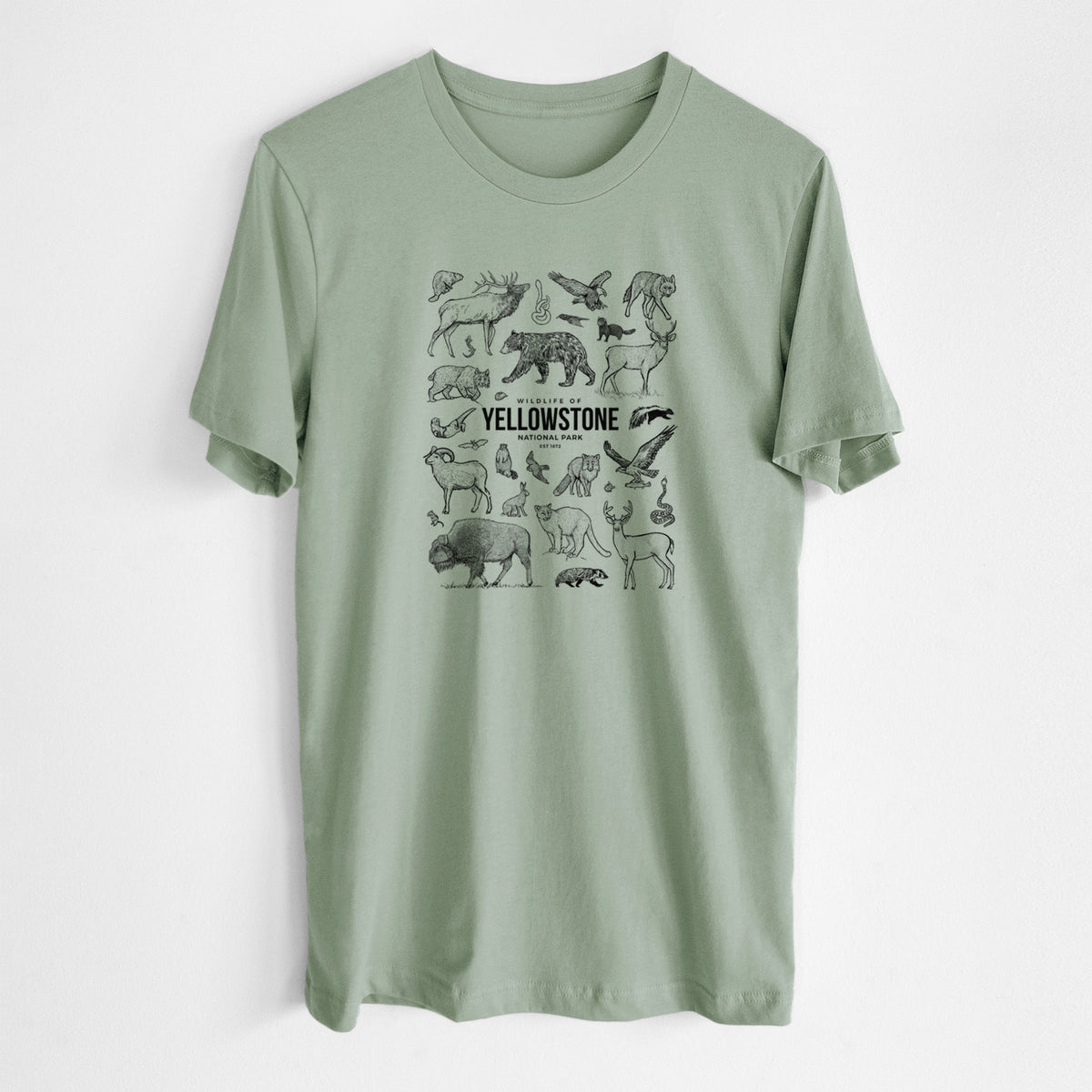Sage green lightweight cotton t-shirt laid flat, printed with a collection of black ink wildlife illustrations surrounding the words Yellowstone National Park.
