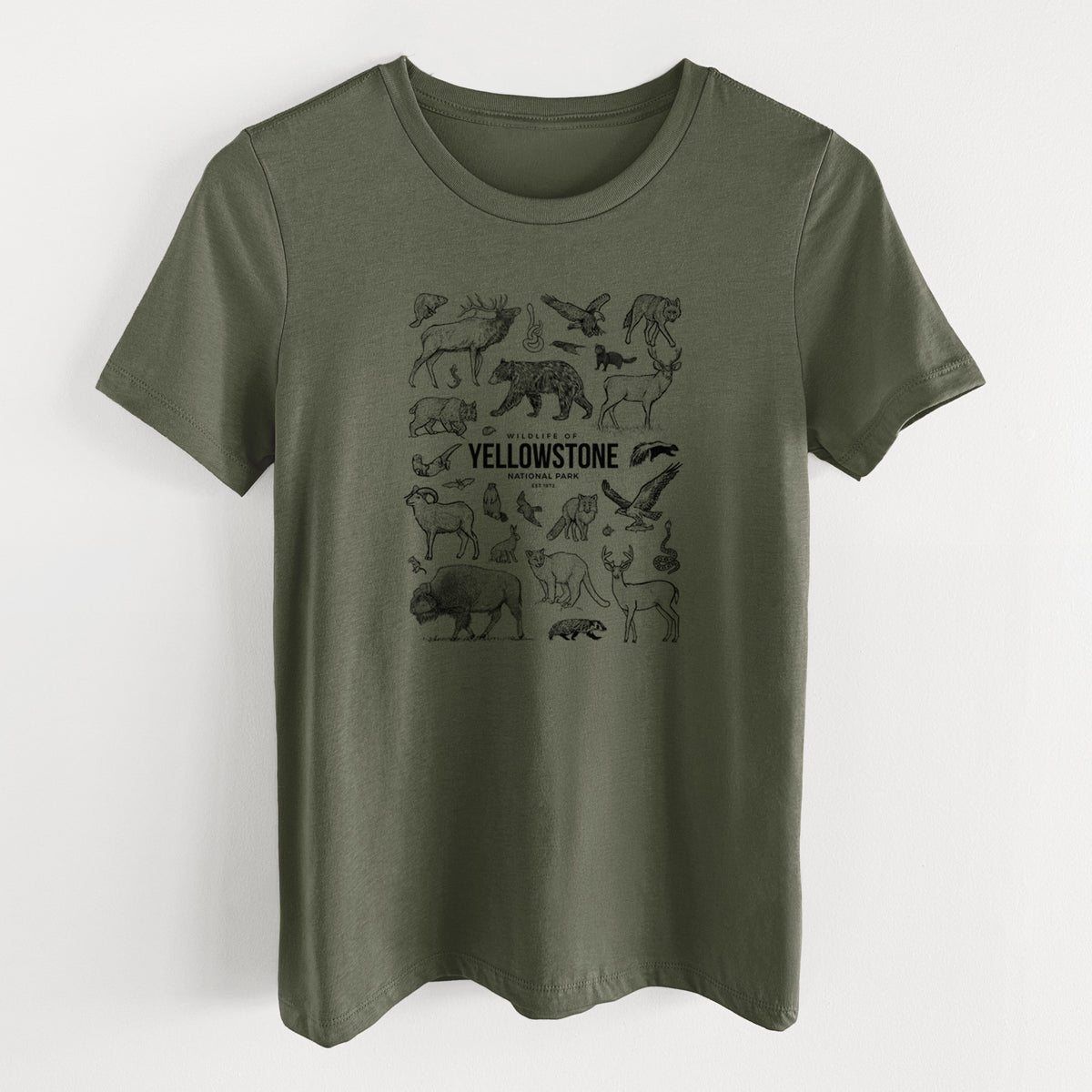 Military green women's relaxed fit cotton t-shirt laid flat, printed with a collection of black ink wildlife illustrations surrounding the words Yellowstone National Park.