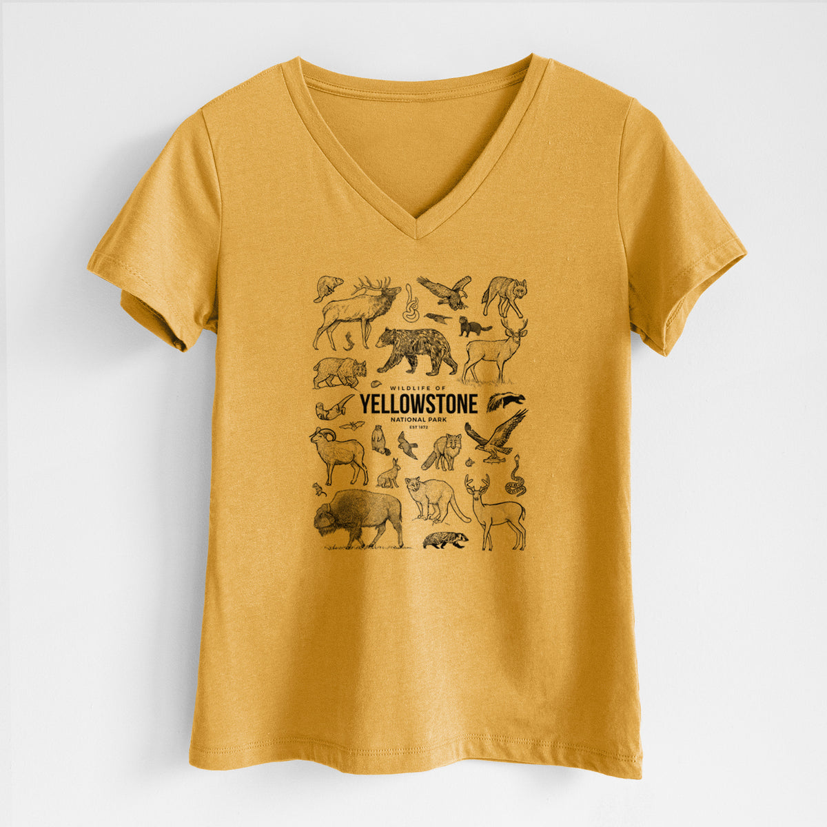 Honeycomb yellow women's relaxed fit cotton V-neck t-shirt laid flat, printed with a collection of black ink wildlife illustrations surrounding the words Yellowstone National Park.