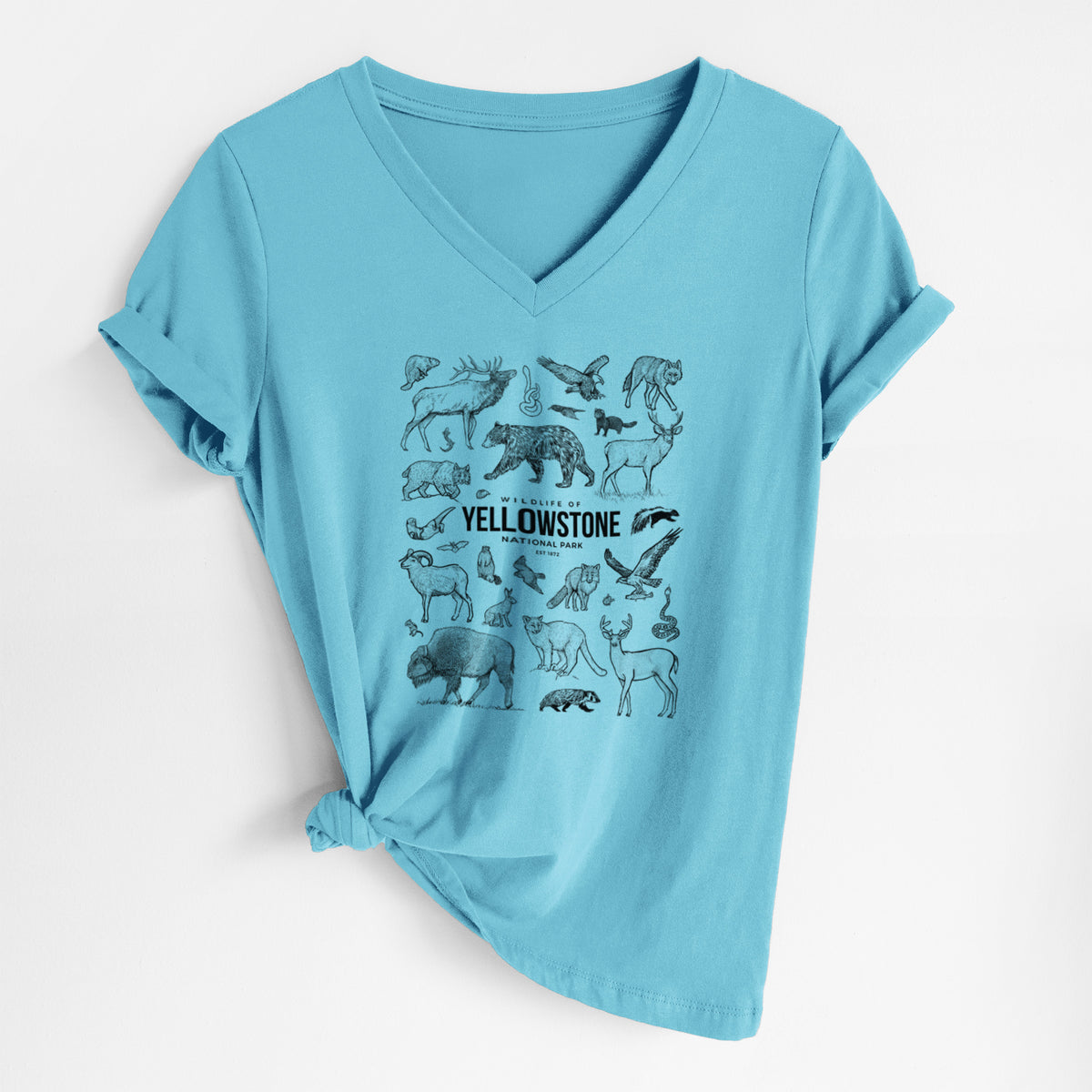 Turquoise women's relaxed fit cotton V-neck t-shirt laid flat, printed with a collection of black ink wildlife illustrations surrounding the words Yellowstone National Park.