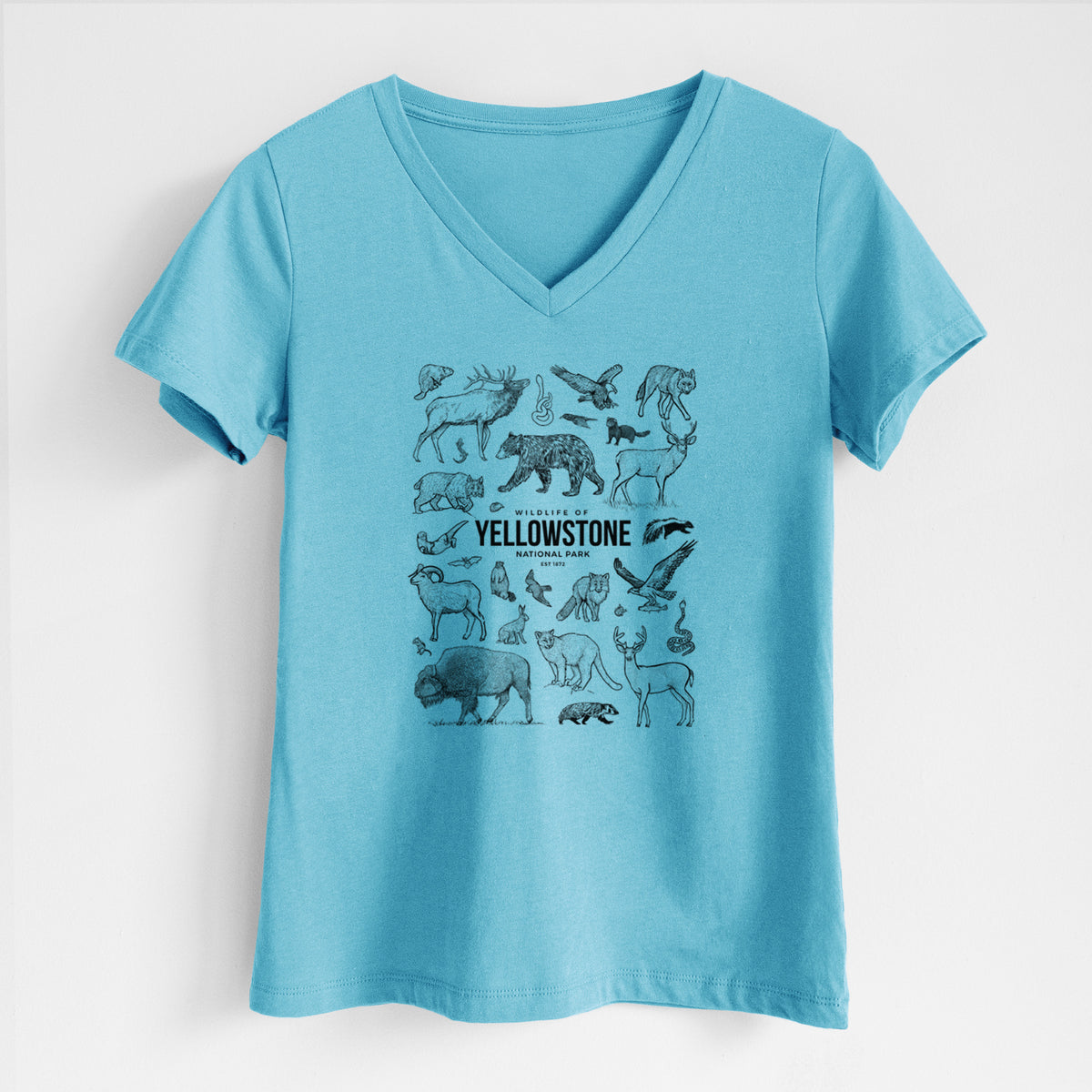 Turquoise women's relaxed fit cotton V-neck t-shirt laid flat, printed with a collection of black ink wildlife illustrations surrounding the words Yellowstone National Park.