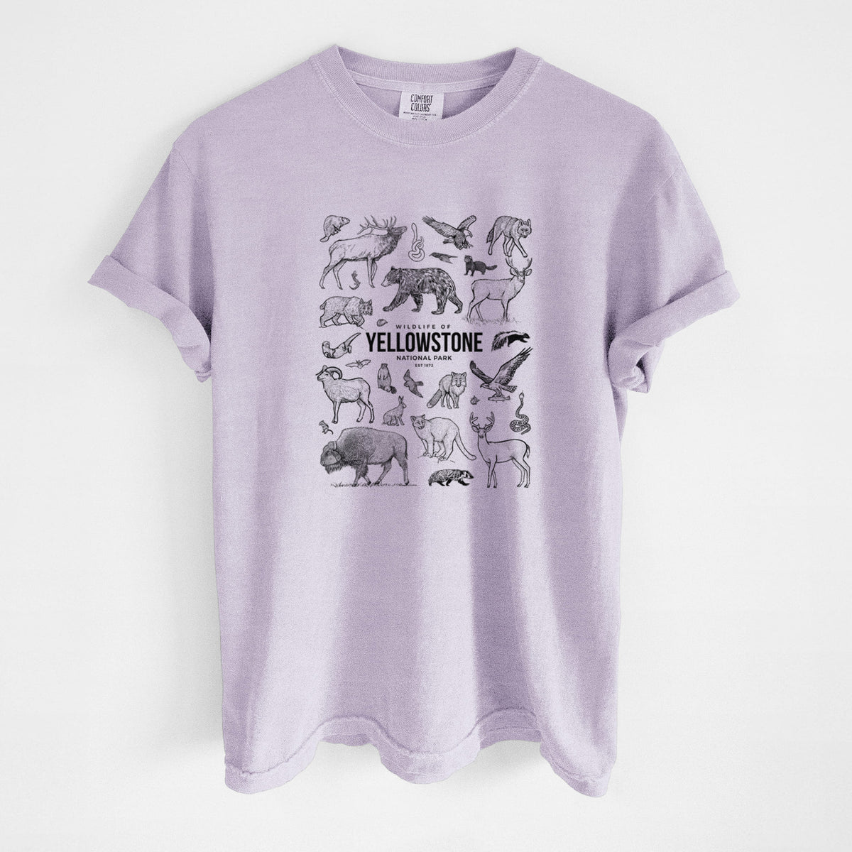 Orchid purple Comfort Colors t-shirt laid flat, printed with a collection of black ink wildlife illustrations surrounding the words Yellowstone National Park.