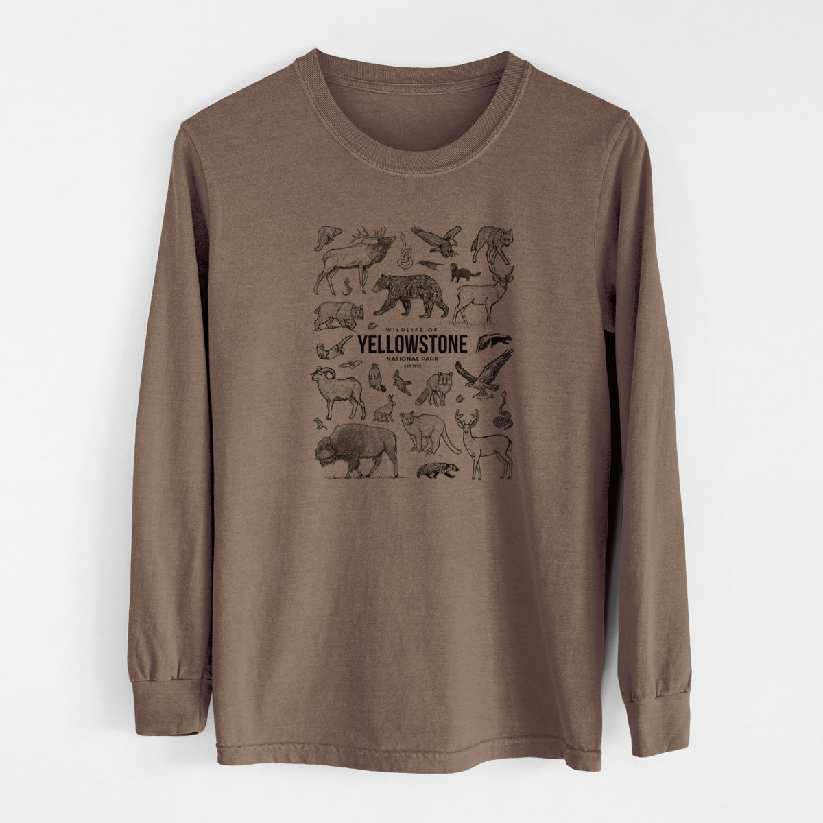 Espresso brown Comfort Colors long sleeve shirt laid flat, printed with a collection of black ink wildlife illustrations surrounding the words Yellowstone National Park.