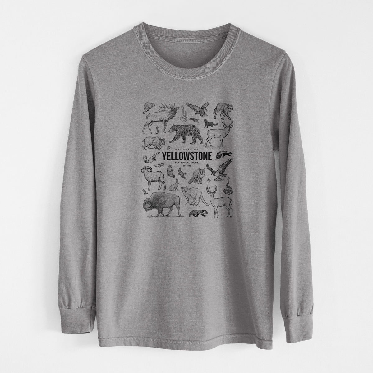 Grey Comfort Colors long sleeve shirt laid flat, printed with a collection of black ink wildlife illustrations surrounding the words Yellowstone National Park.