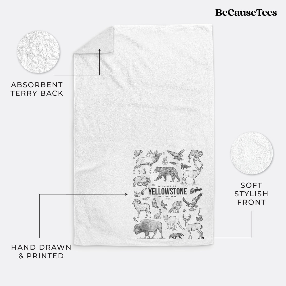 White hand towel printed with a collection of black ink wildlife illustrations surrounding the words Yellowstone National Park.