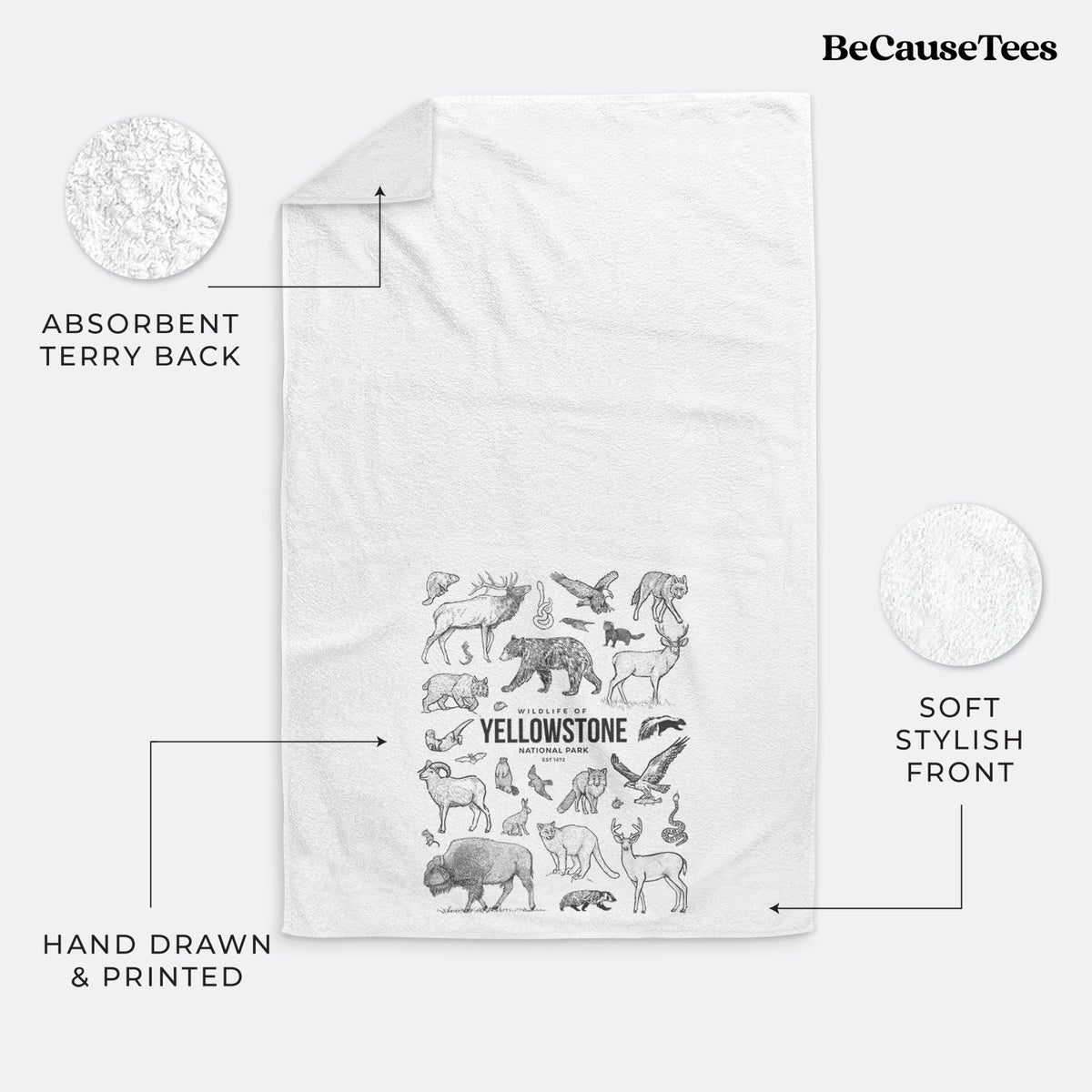 White hand towel printed with a collection of black ink wildlife illustrations surrounding the words Yellowstone National Park.
