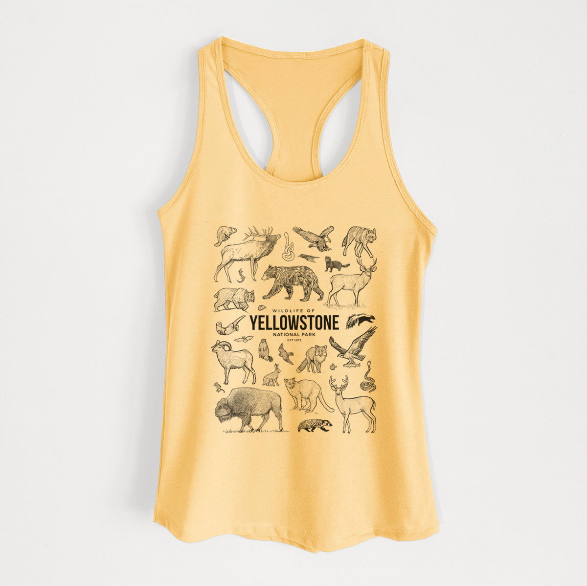 Banana cream women's racerback tank top laid flat, printed with a collection of black ink wildlife illustrations surrounding the words Yellowstone National Park.