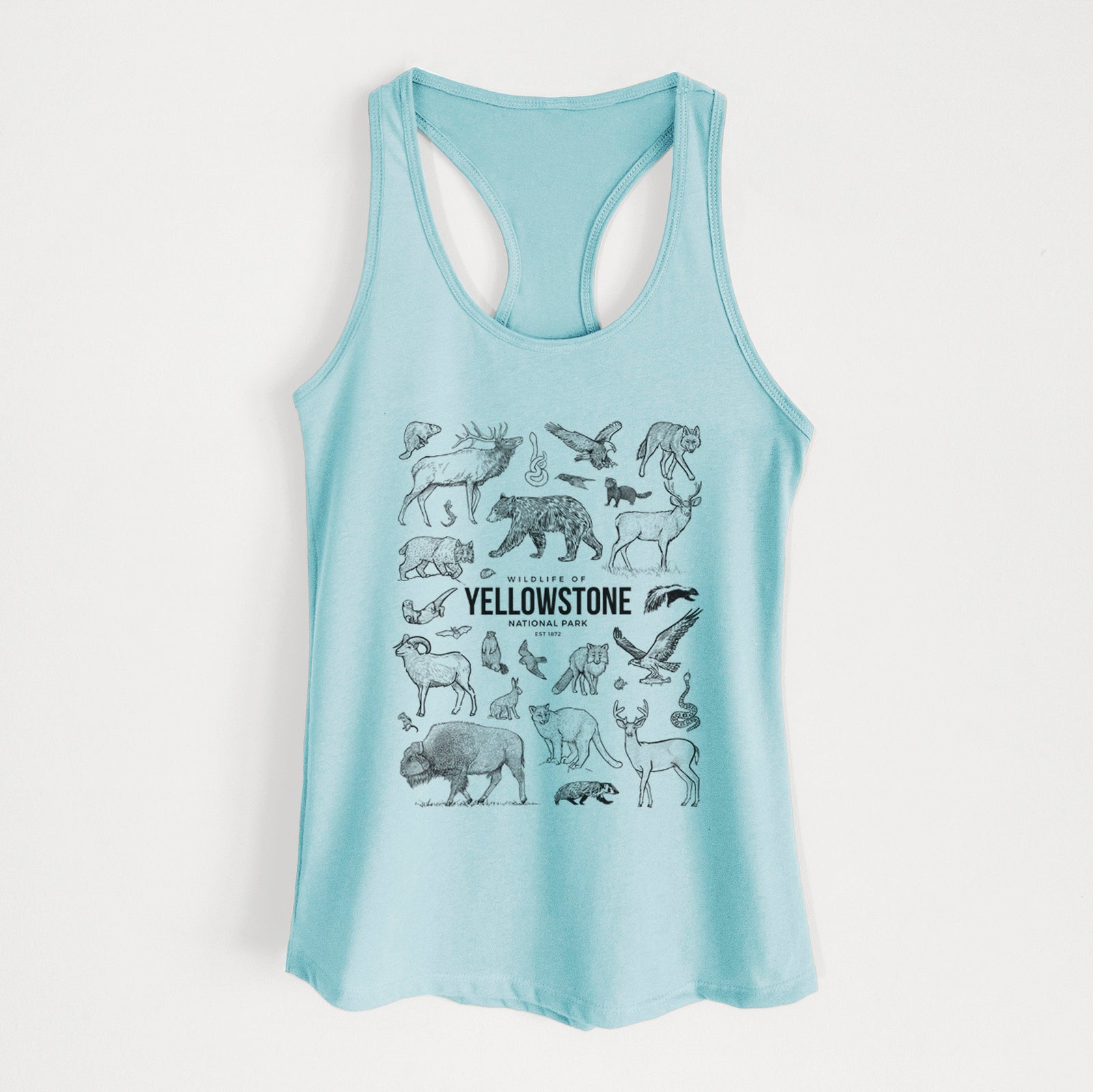 Banana cream women's racerback tank top laid flat, printed with a collection of black ink wildlife illustrations surrounding the words Yellowstone National Park.