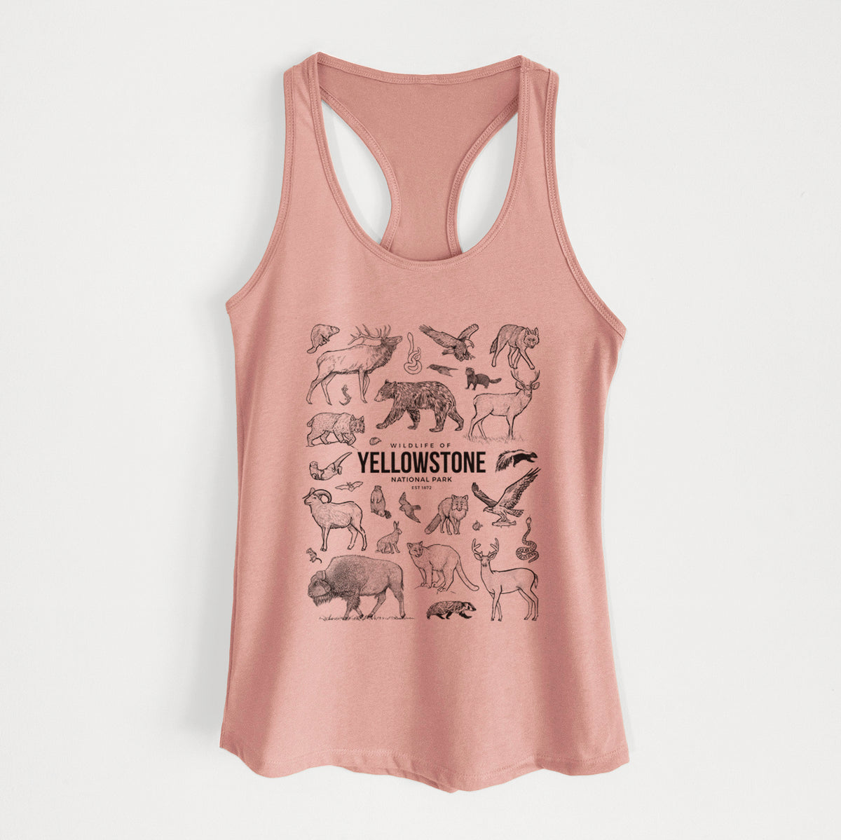 Desert pink women's racerback tank top laid flat, printed with a collection of black ink wildlife illustrations surrounding the words Yellowstone National Park.