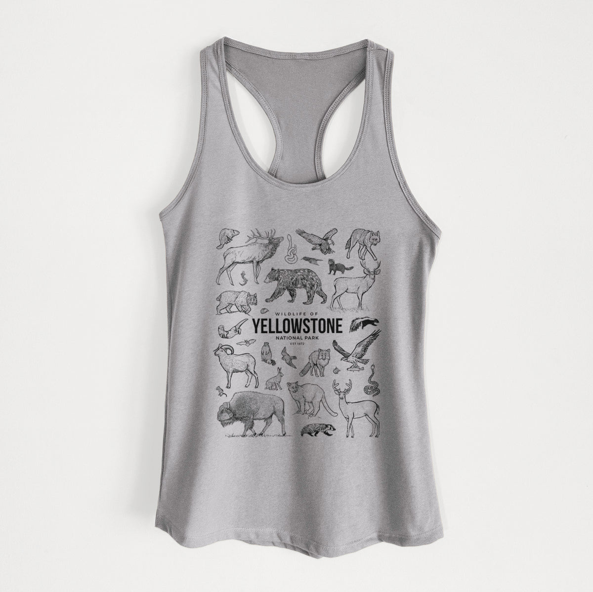Heather grey women's racerback tank top laid flat, printed with a collection of black ink wildlife illustrations surrounding the words Yellowstone National Park.