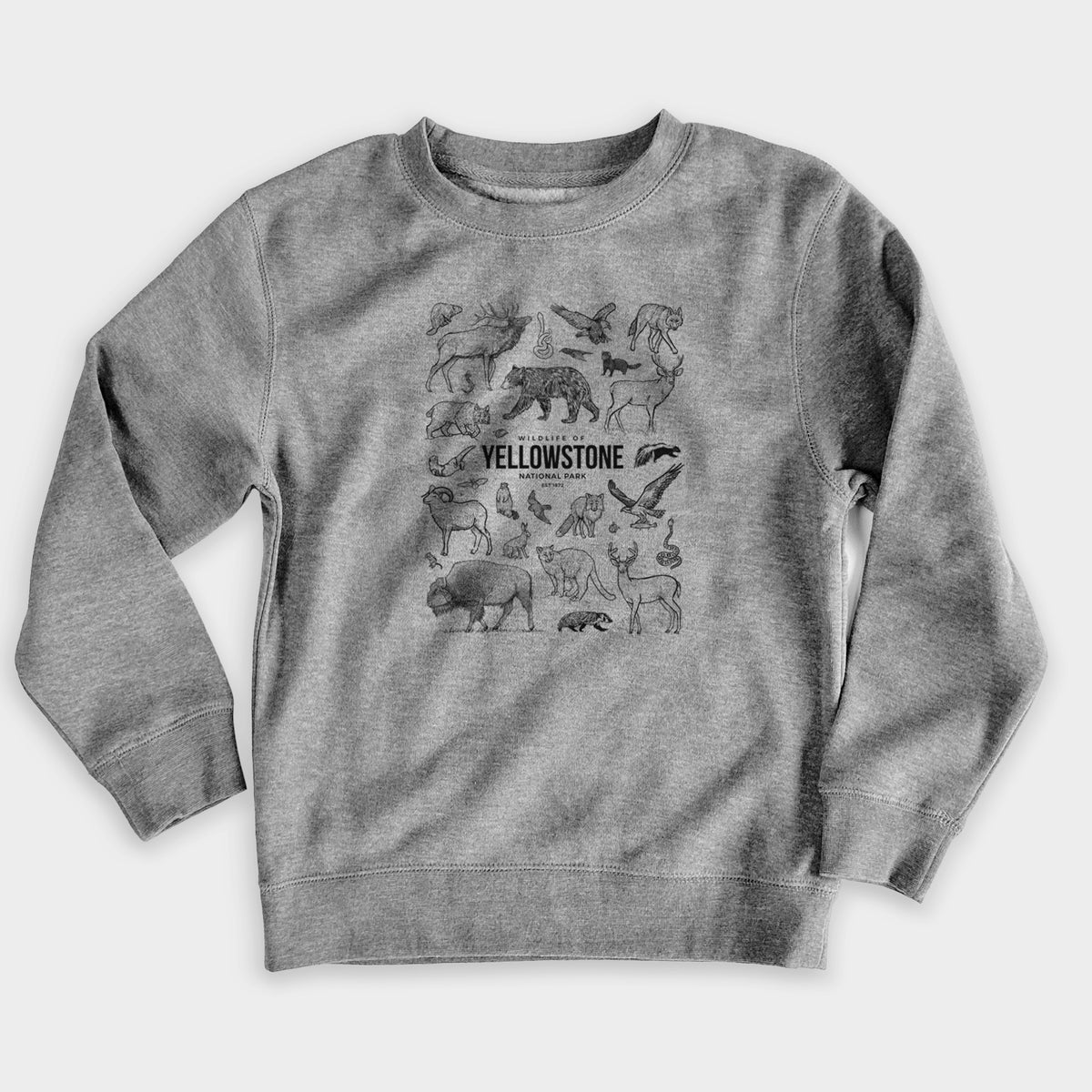 Nickel grey youth crewneck sweatshirt laid flat, printed with a collection of black ink wildlife illustrations surrounding the words Yellowstone National Park.