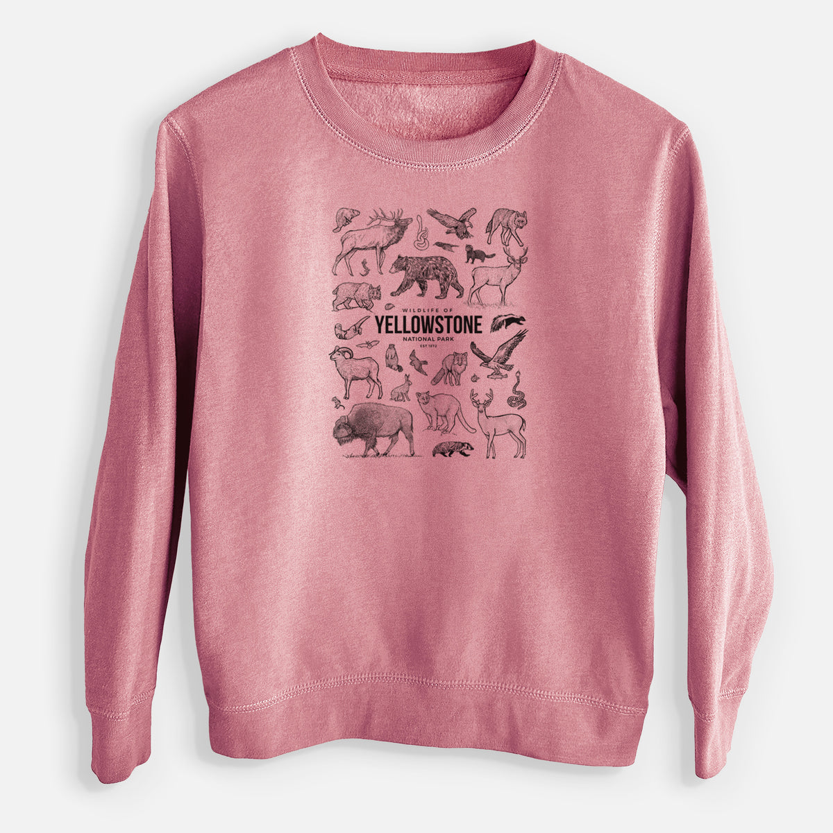 Mauve pink youth crewneck sweatshirt laid flat, printed with a collection of black ink wildlife illustrations surrounding the words Yellowstone National Park.