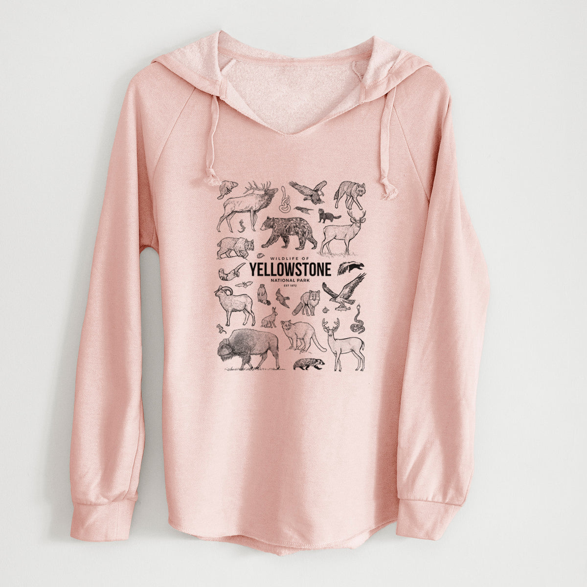Blush pink women's Cali Wave hooded sweatshirt laid flat, printed with a collection of black ink wildlife illustrations surrounding the words Yellowstone National Park.