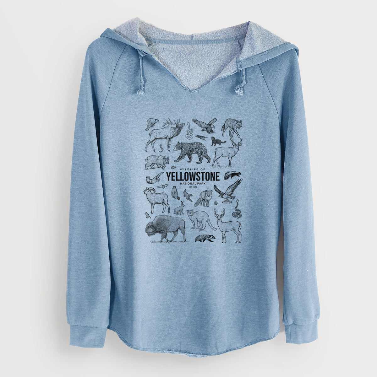 Misty blue women's Cali Wave hooded sweatshirt laid flat, printed with a collection of black ink wildlife illustrations surrounding the words Yellowstone National Park.