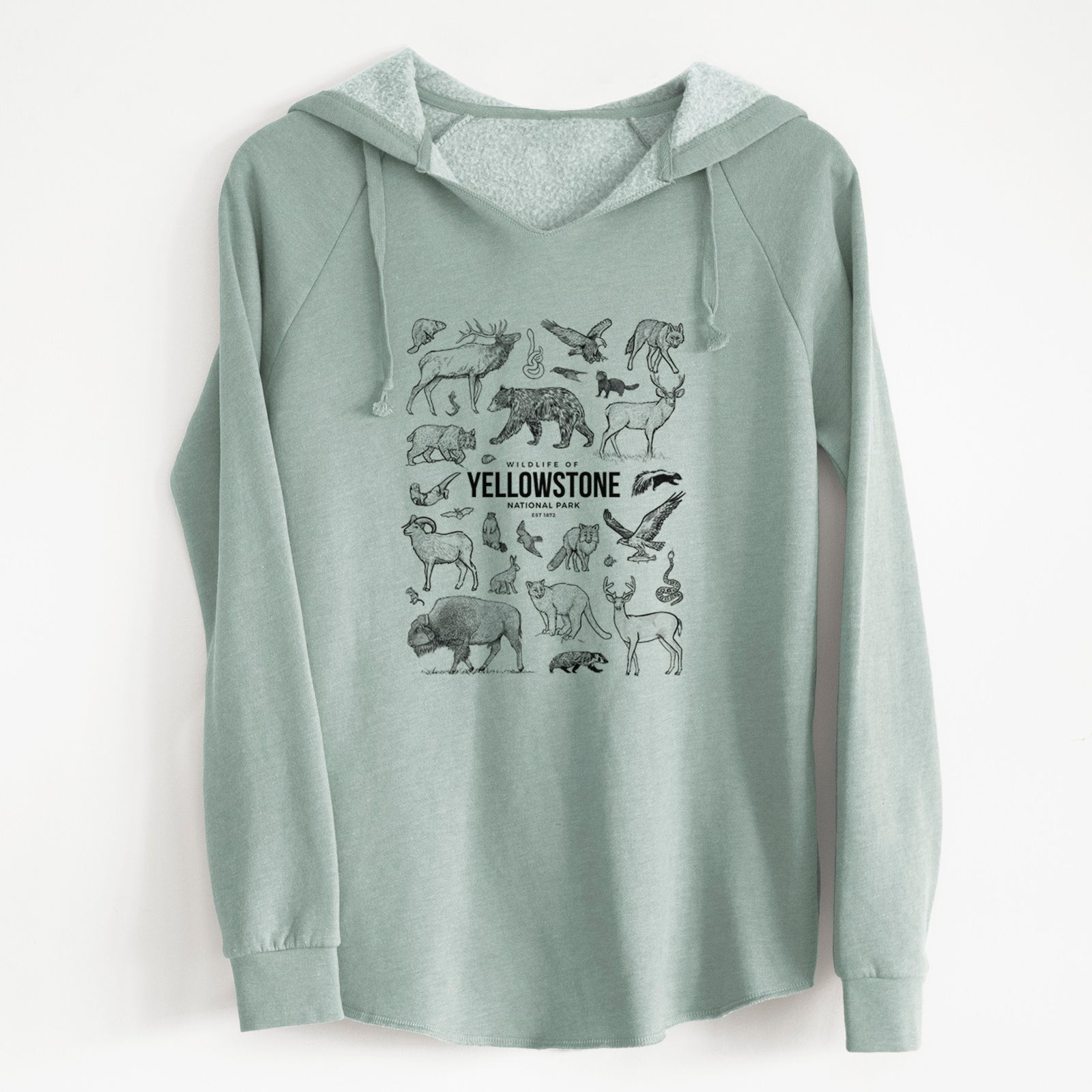 Sage green women's Cali Wave hooded sweatshirt laid flat, printed with a collection of black ink wildlife illustrations surrounding the words Yellowstone National Park.