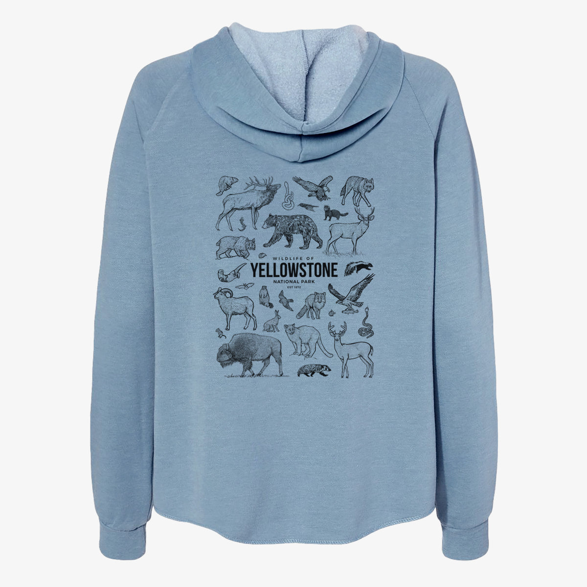 Misty blue women's Cali Wave zip-up sweatshirt laid flat, printed with a collection of black ink wildlife illustrations surrounding the words Yellowstone National Park.