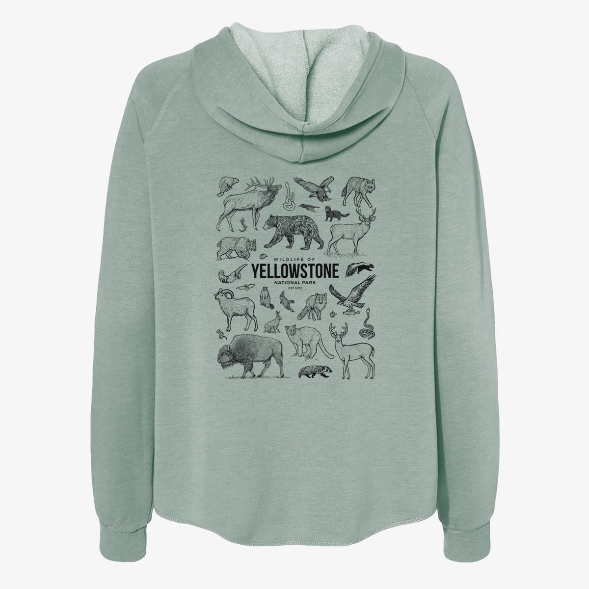 Sage green women's Cali Wave zip-up sweatshirt laid flat, printed with a collection of black ink wildlife illustrations surrounding the words Yellowstone National Park.