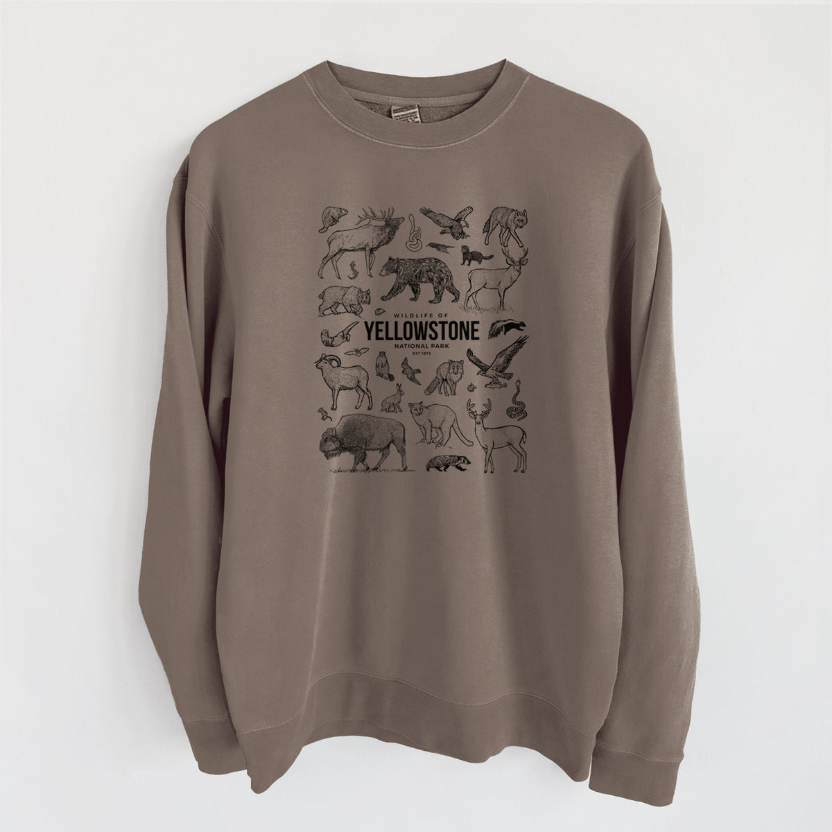 Wildlife of Yellowstone National Park - Unisex Pigment Dyed Crew Sweatshirt in Espresso Brown Color