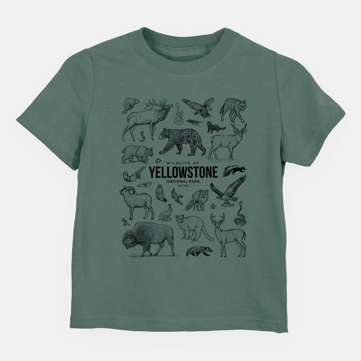 Basil green toddler t-shirt laid flat, printed with a collection of black ink wildlife illustrations surrounding the words Yellowstone National Park.