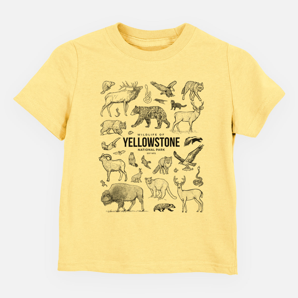 Butter yellow toddler t-shirt laid flat, printed with a collection of black ink wildlife illustrations surrounding the words Yellowstone National Park.