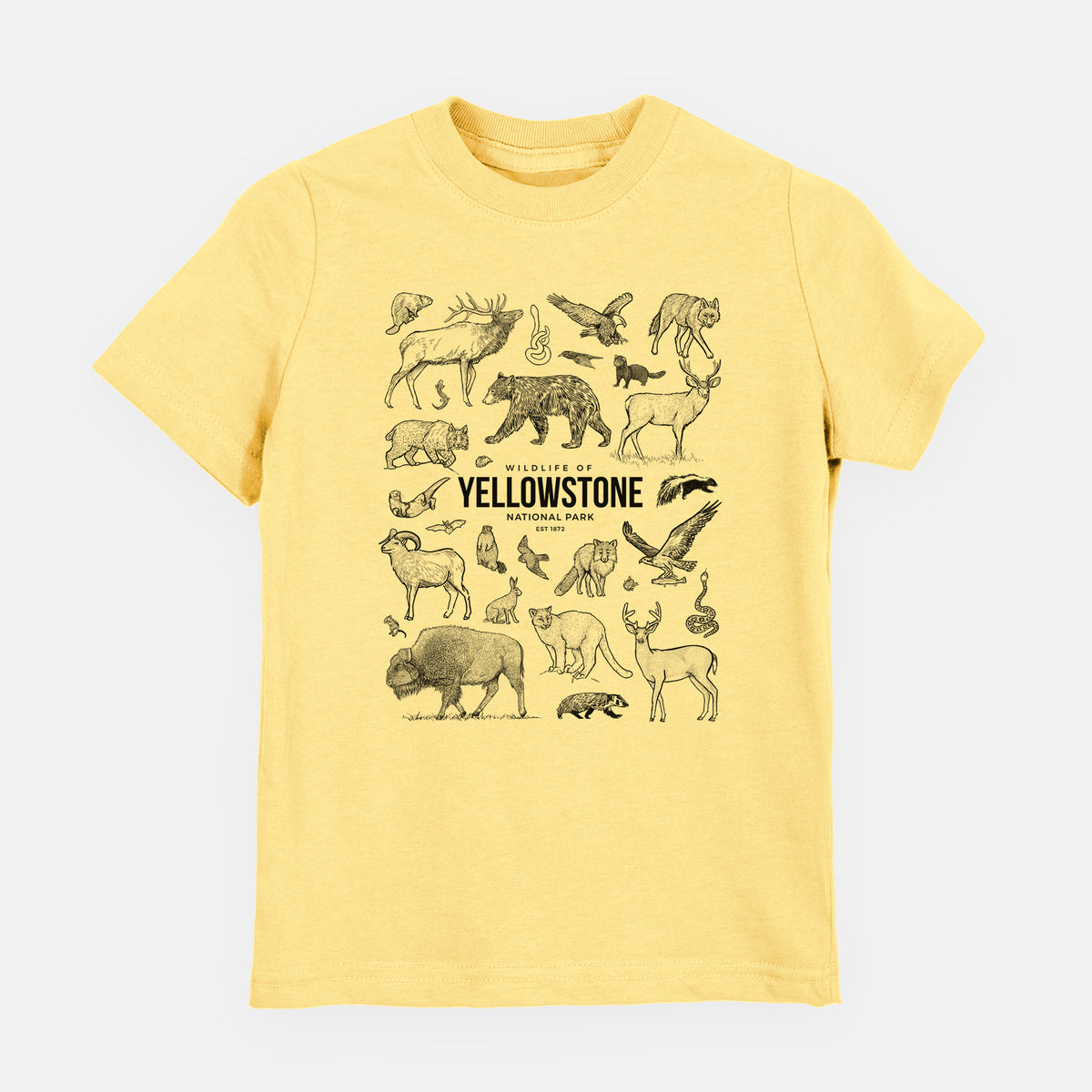 Butter yellow youth t-shirt laid flat, printed with a collection of black ink wildlife illustrations surrounding the words Yellowstone National Park.