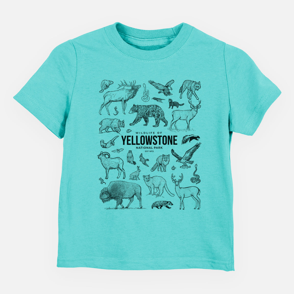 Caribbean blue toddler t-shirt laid flat, printed with a collection of black ink wildlife illustrations surrounding the words Yellowstone National Park.
