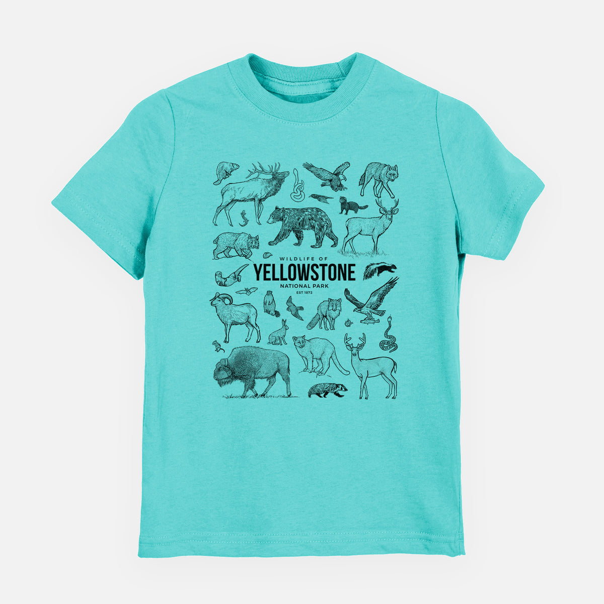 Caribbean blue youth t-shirt laid flat, printed with a collection of black ink wildlife illustrations surrounding the words Yellowstone National Park.