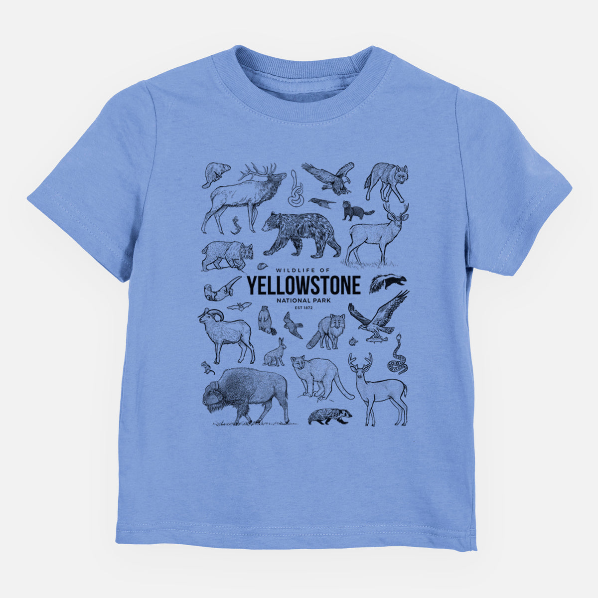 Carolina blue toddler t-shirt laid flat, printed with a collection of black ink wildlife illustrations surrounding the words Yellowstone National Park.