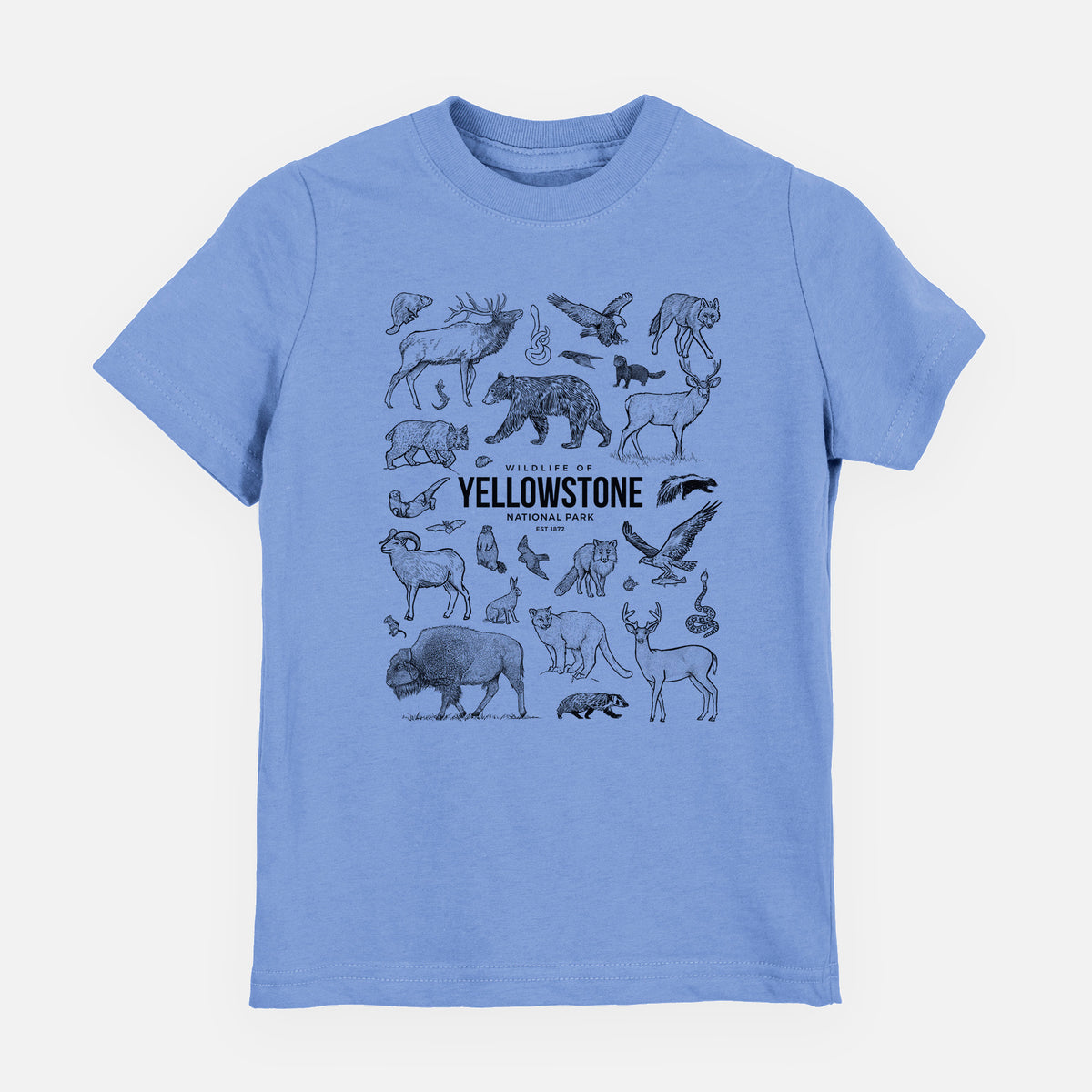 Carolina blue youth t-shirt laid flat, printed with a collection of black ink wildlife illustrations surrounding the words Yellowstone National Park.