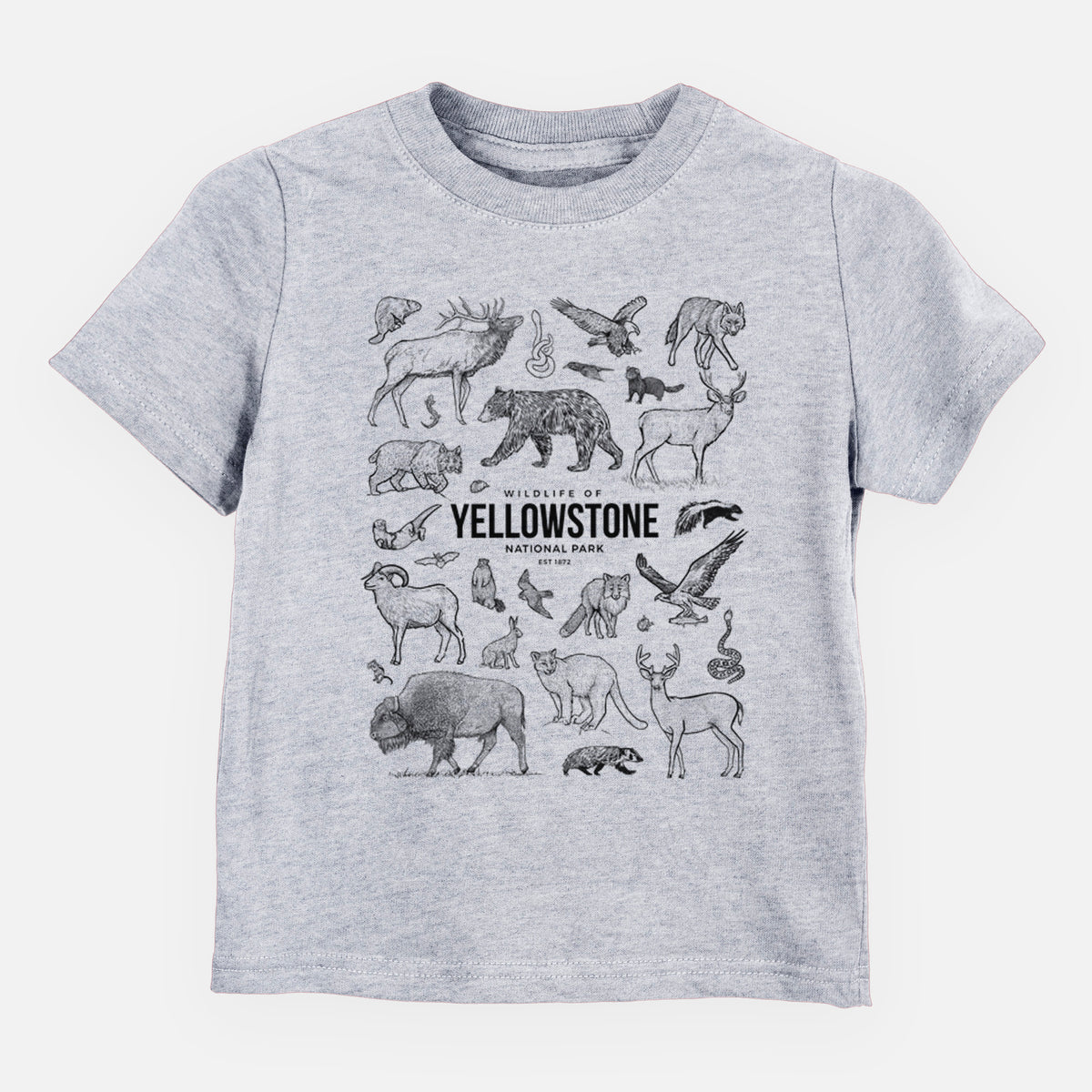 Heather grey toddler t-shirt laid flat, printed with a collection of black ink wildlife illustrations surrounding the words Yellowstone National Park.