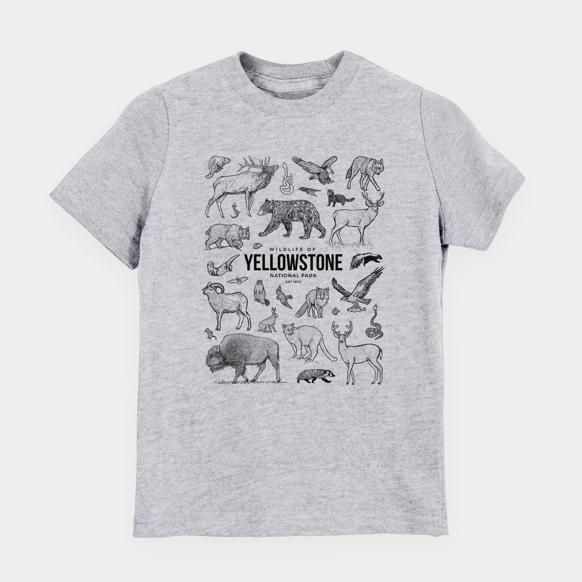 Heather grey youth t-shirt laid flat, printed with a collection of black ink wildlife illustrations surrounding the words Yellowstone National Park.